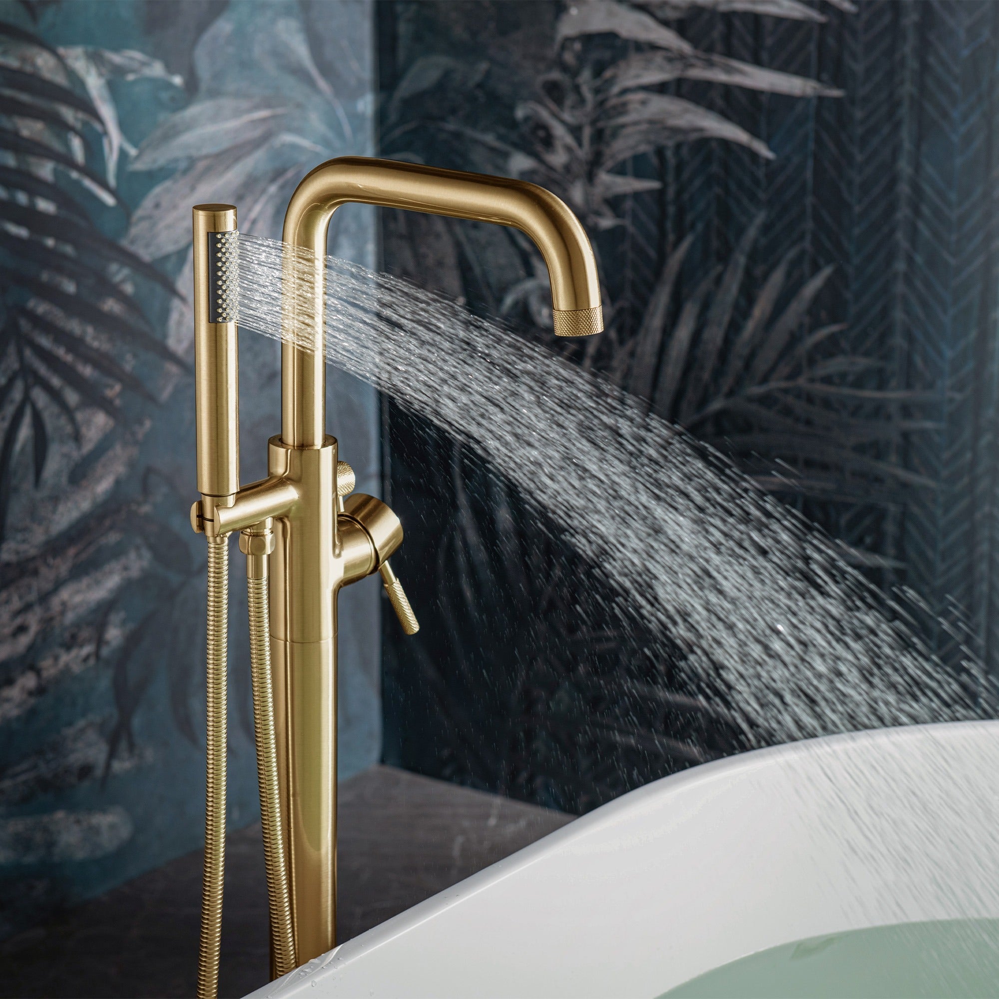 WOODBRIDGE Contemporary Single Handle Floor Mount Freestanding Tub Filler Faucet with Cylinder Style Hand Shower