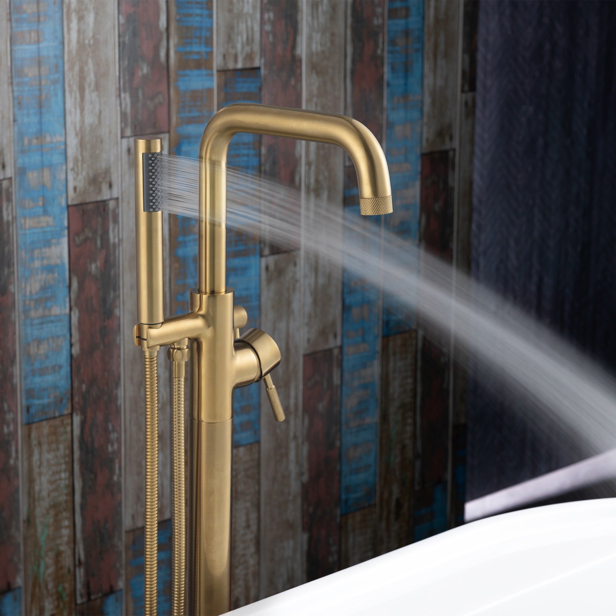 WOODBRIDGE Contemporary Single Handle Floor Mount Freestanding Tub Filler Faucet with Cylinder Style Hand Shower