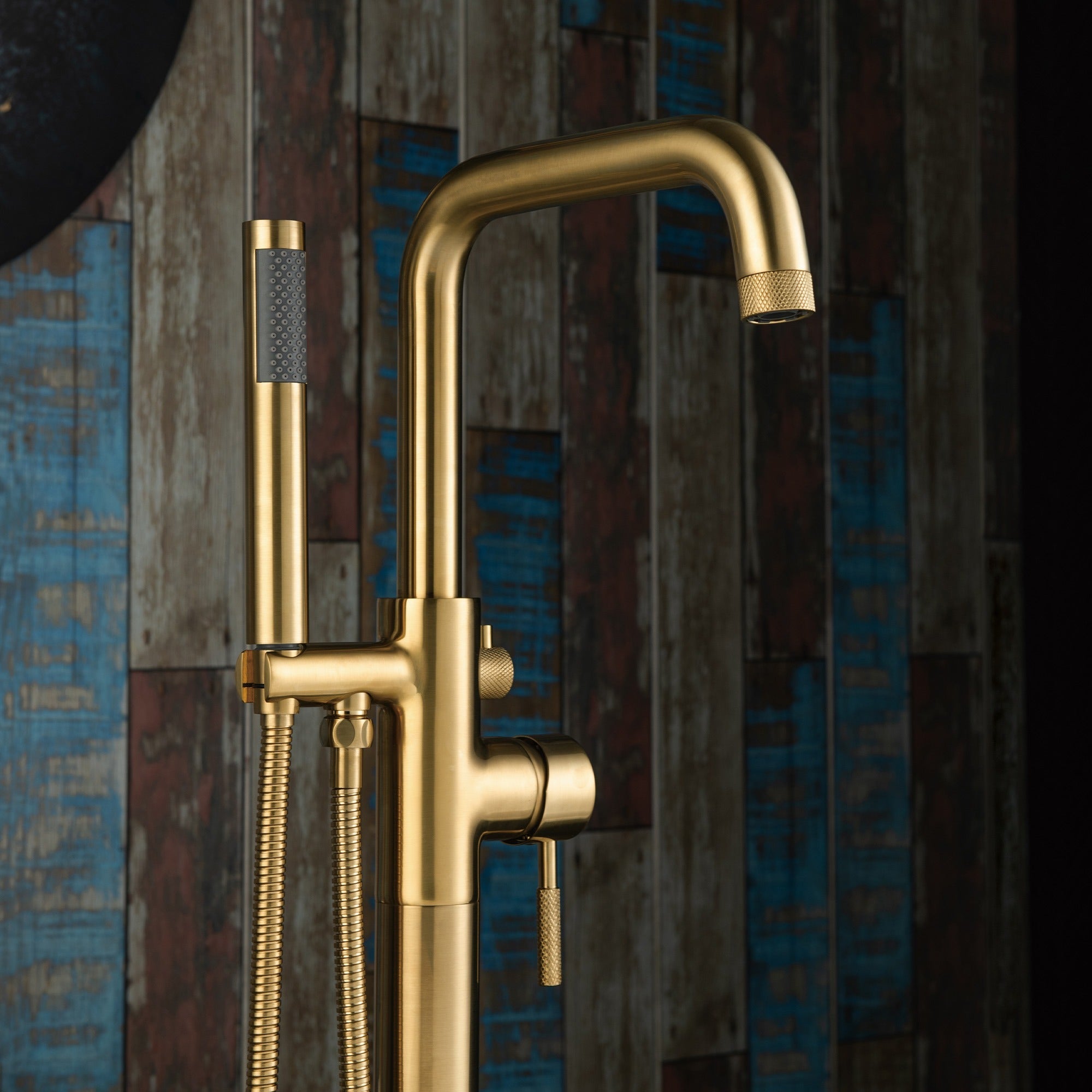 WOODBRIDGE Contemporary Single Handle Floor Mount Freestanding Tub Filler Faucet with Cylinder Style Hand Shower