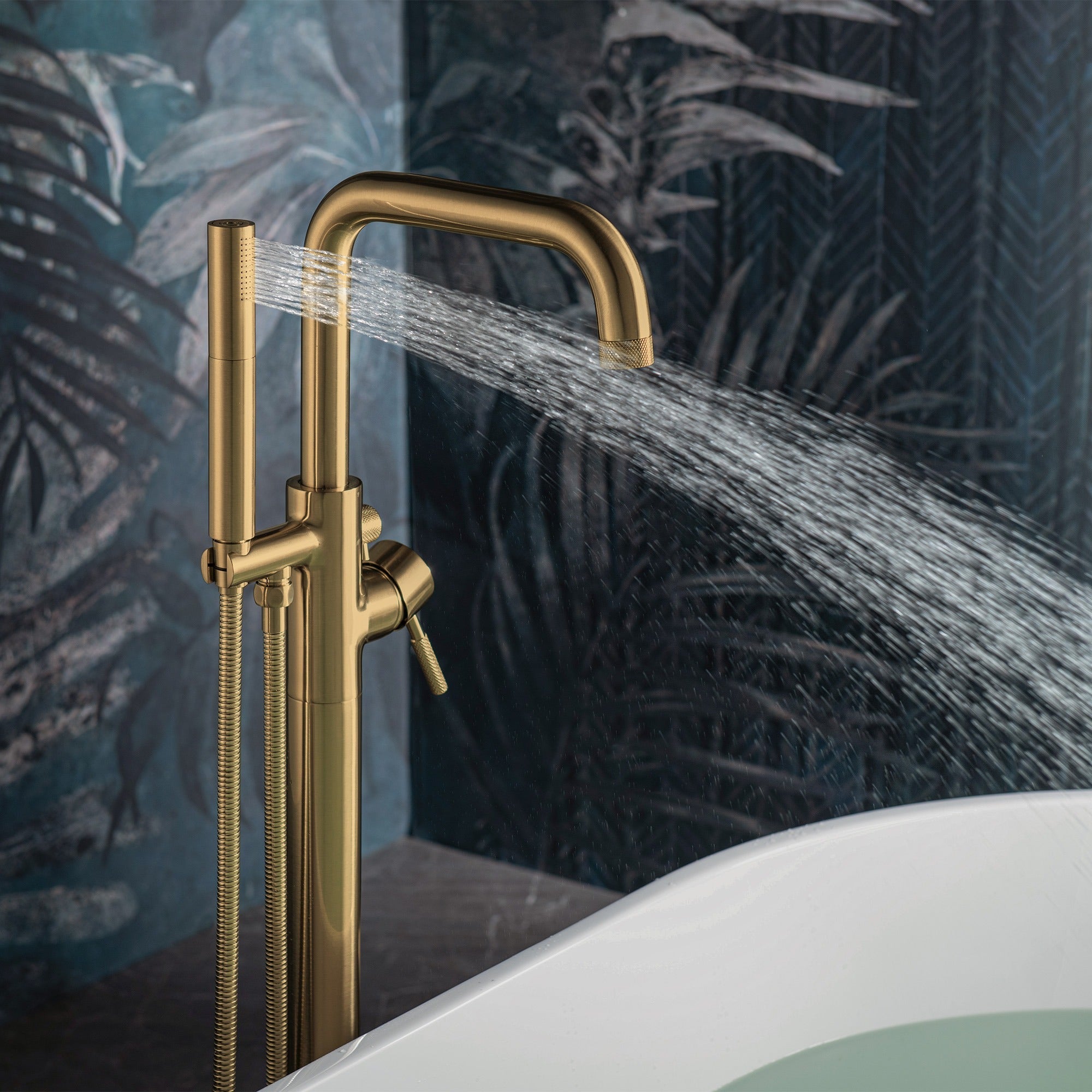 WOODBRIDGE Contemporary Single Handle Floor Mount Freestanding Tub Filler Faucet with 2 Function Cylinder Style Hand Shower