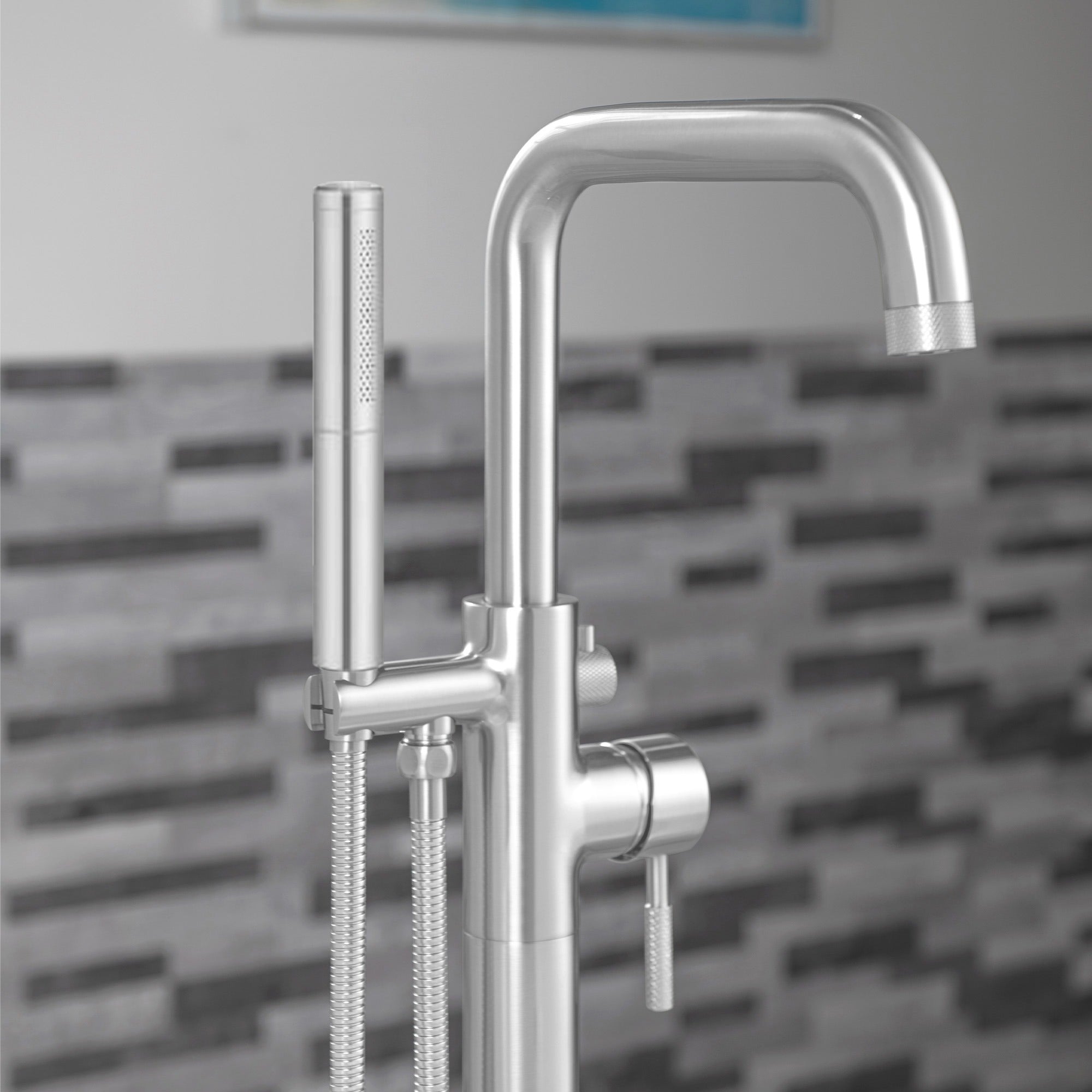 WOODBRIDGE Contemporary Single Handle Floor Mount Freestanding Tub Filler Faucet with 2 Function Cylinder Style Hand Shower
