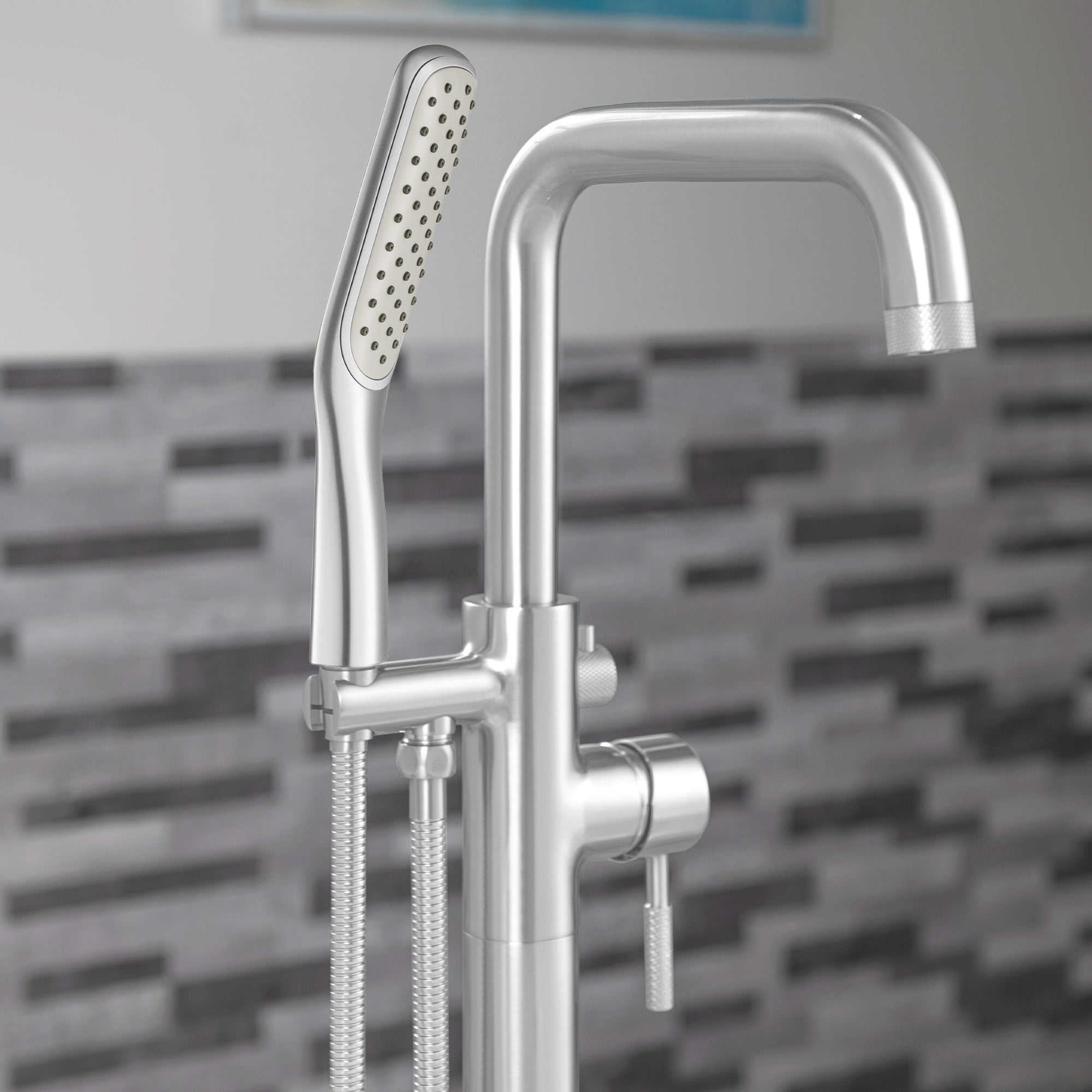 WOODBRIDGE Fusion Single Handle Floor Mount Freestanding Tub Filler Faucet with Square Shape Hand Shower