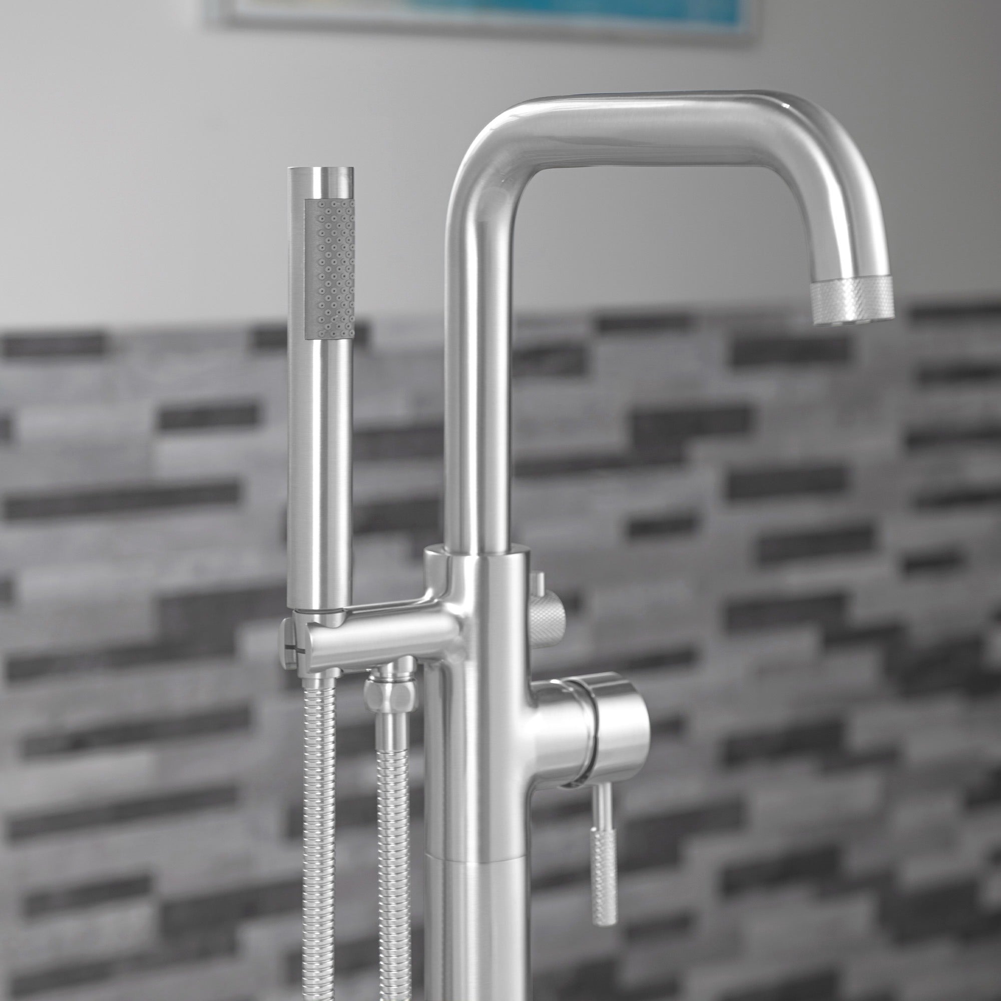WOODBRIDGE Contemporary Single Handle Floor Mount Freestanding Tub Filler Faucet with Cylinder Style Hand Shower