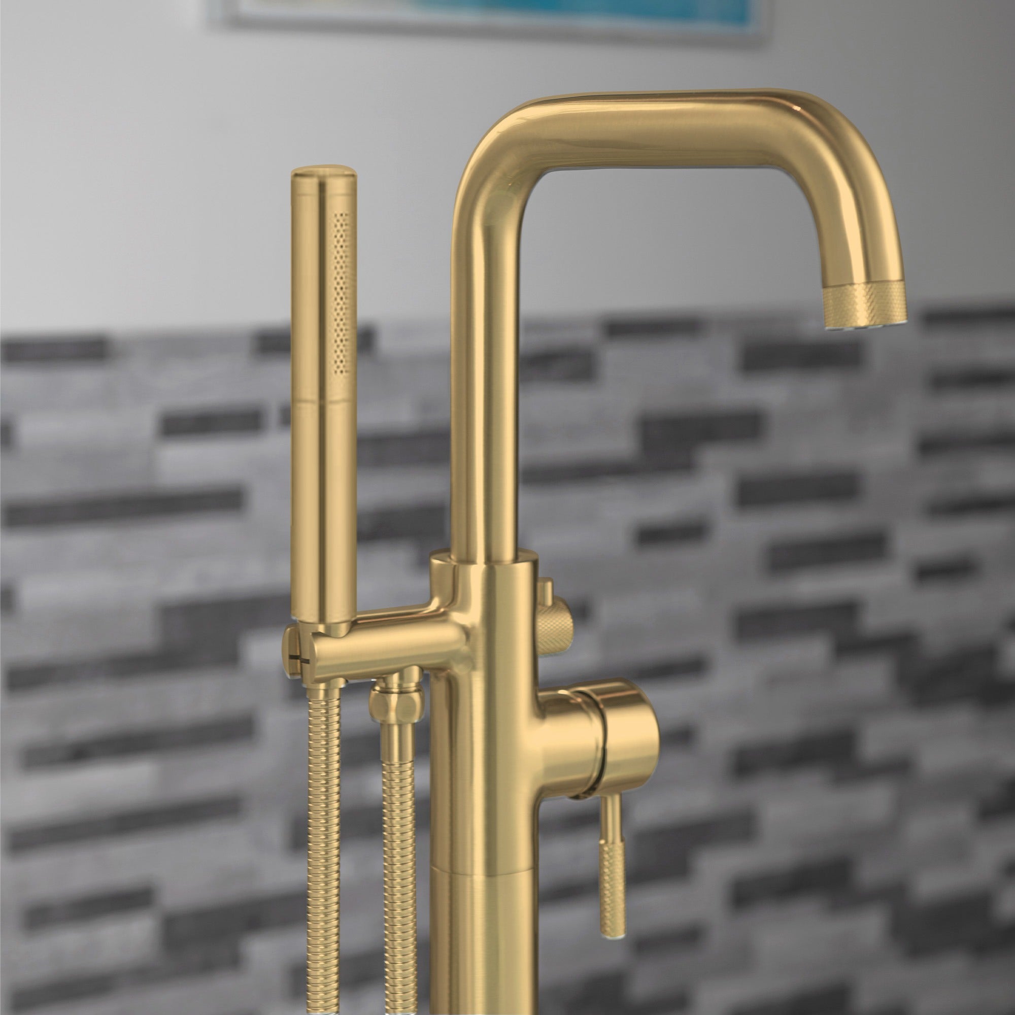 WOODBRIDGE Contemporary Single Handle Floor Mount Freestanding Tub Filler Faucet with 2 Function Cylinder Style Hand Shower