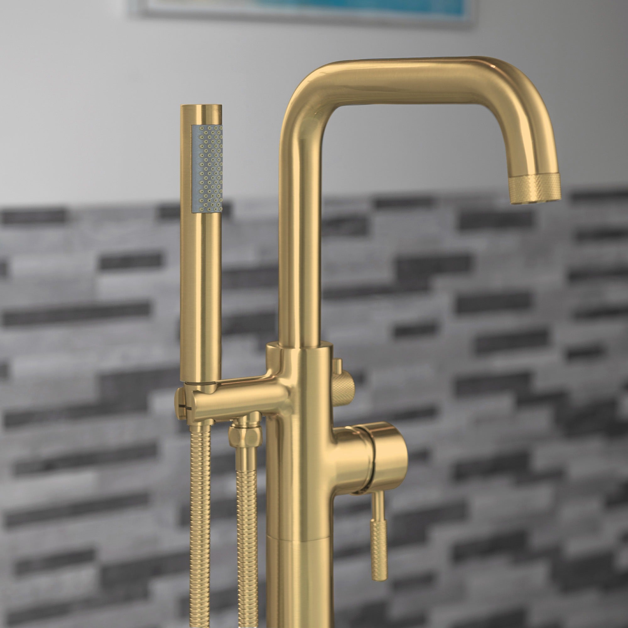 WOODBRIDGE Contemporary Single Handle Floor Mount Freestanding Tub Filler Faucet with Cylinder Style Hand Shower