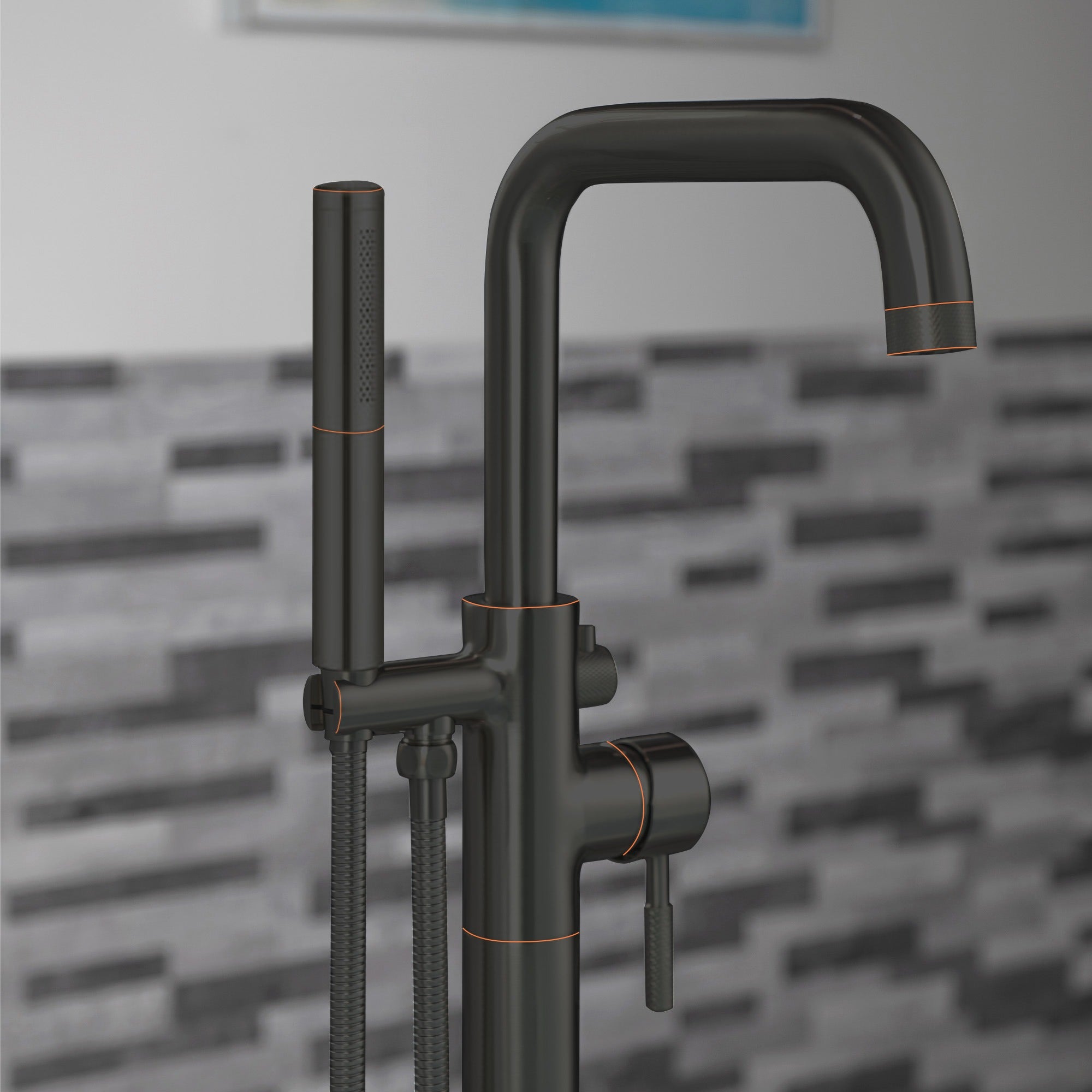 WOODBRIDGE Contemporary Single Handle Floor Mount Freestanding Tub Filler Faucet with 2 Function Cylinder Style Hand Shower