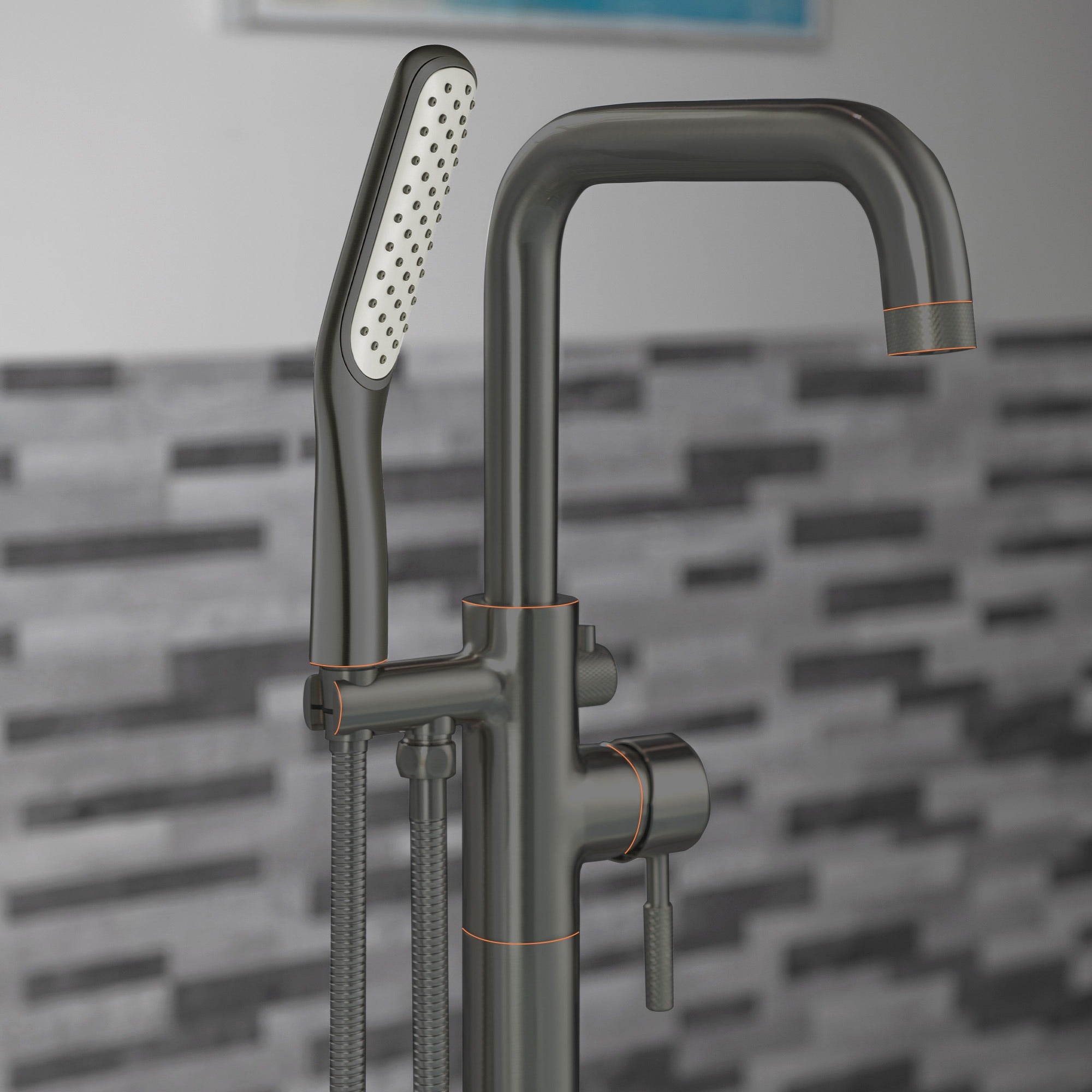 WOODBRIDGE Fusion Single Handle Floor Mount Freestanding Tub Filler Faucet with Square Shape Hand Shower