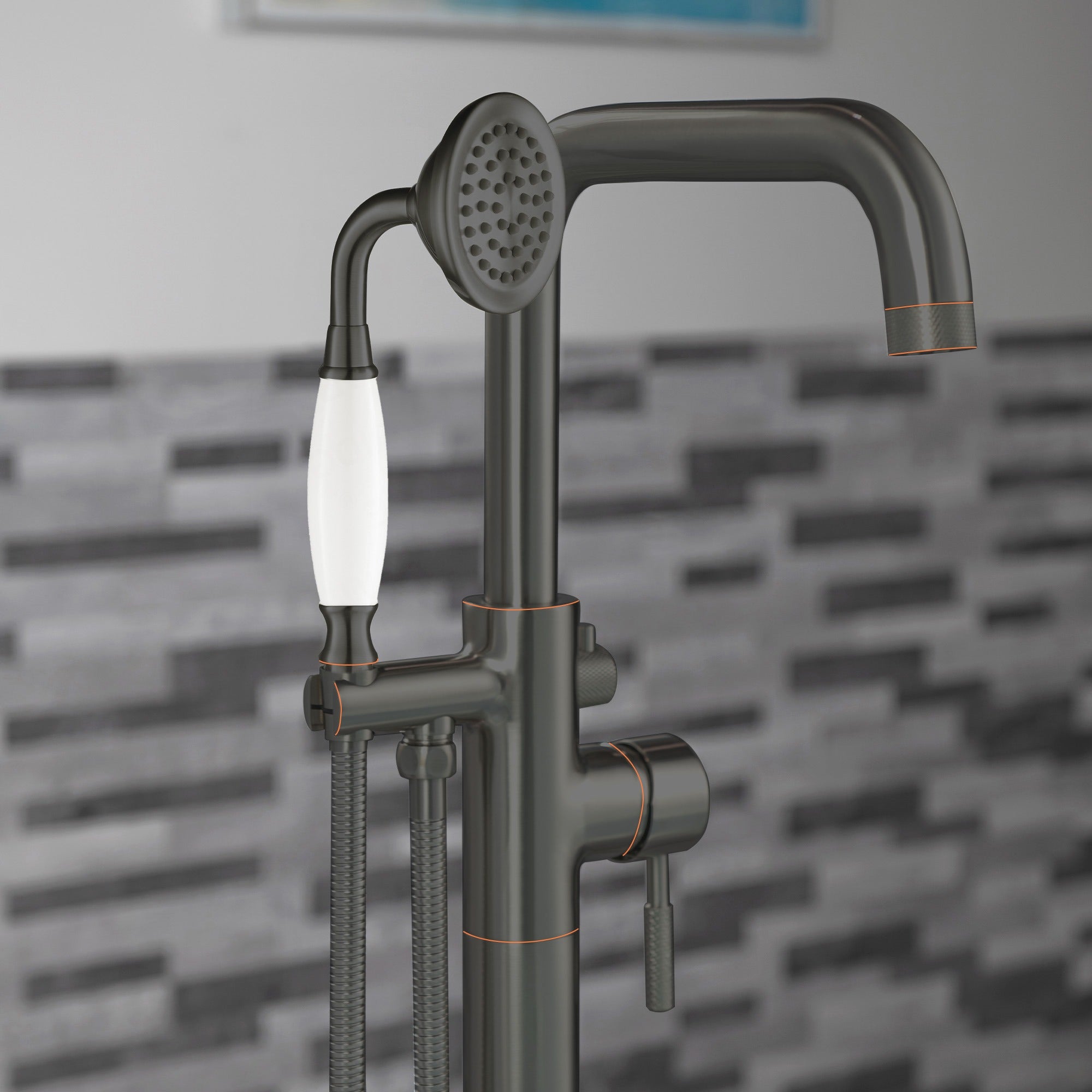 WOODBRIDGE Fusion Single Handle Floor Mount Freestanding Tub Filler Faucet with Classic Telephone Style Hand Shower