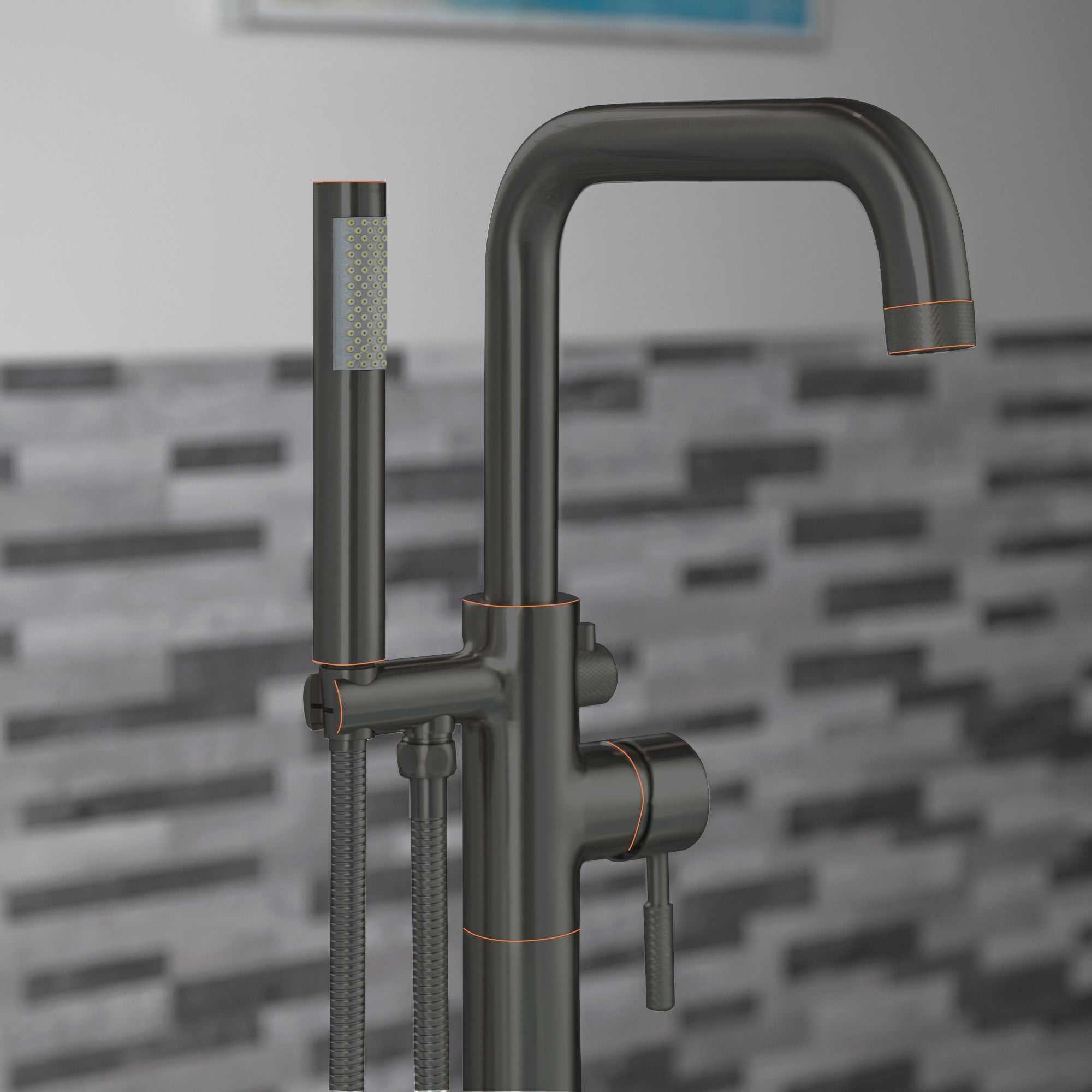 WOODBRIDGE Contemporary Single Handle Floor Mount Freestanding Tub Filler Faucet with Cylinder Style Hand Shower