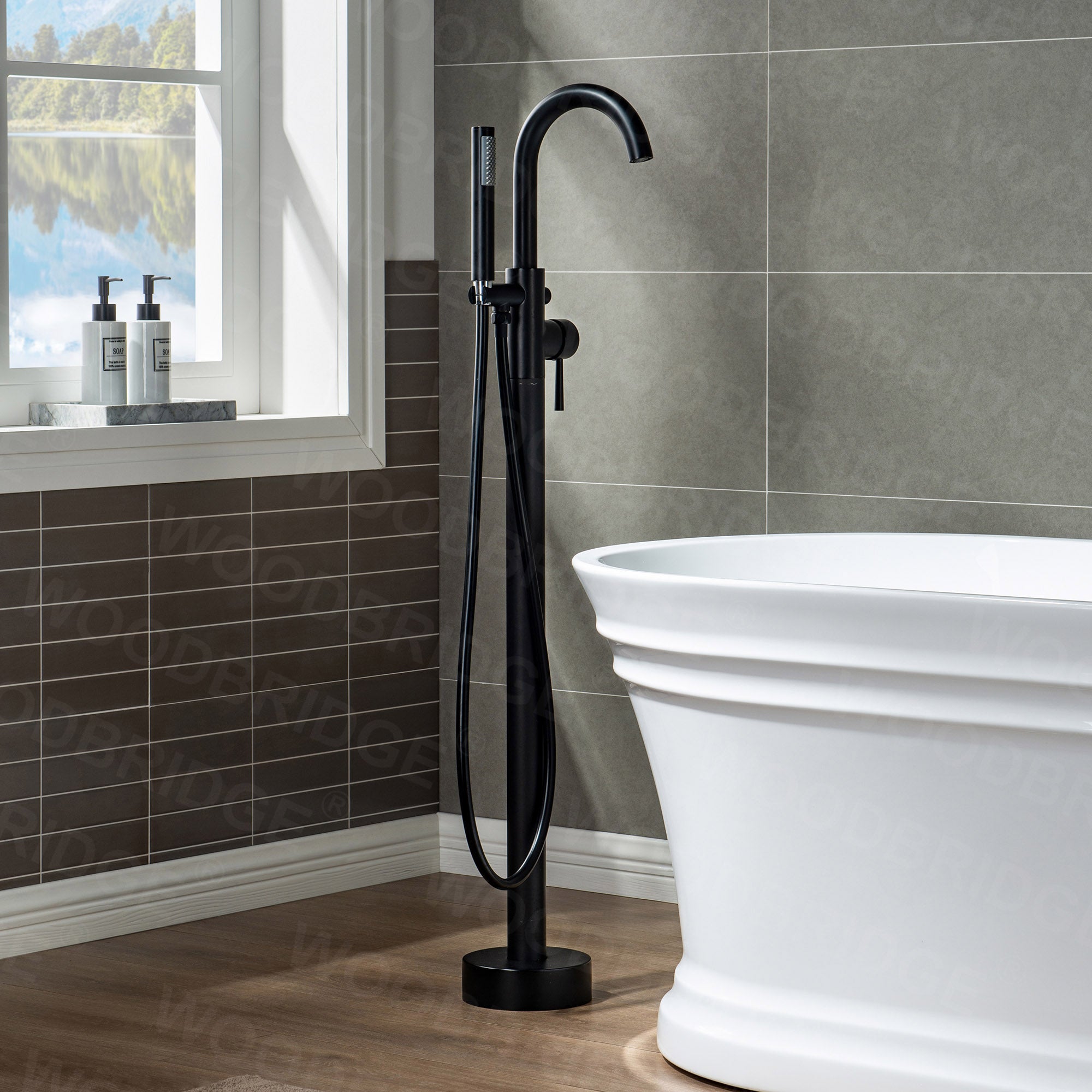WOODBRIDGE F0001BNRD Contemporary Single Handle Floor Mount Freestanding Tub Filler Faucet with Hand shower