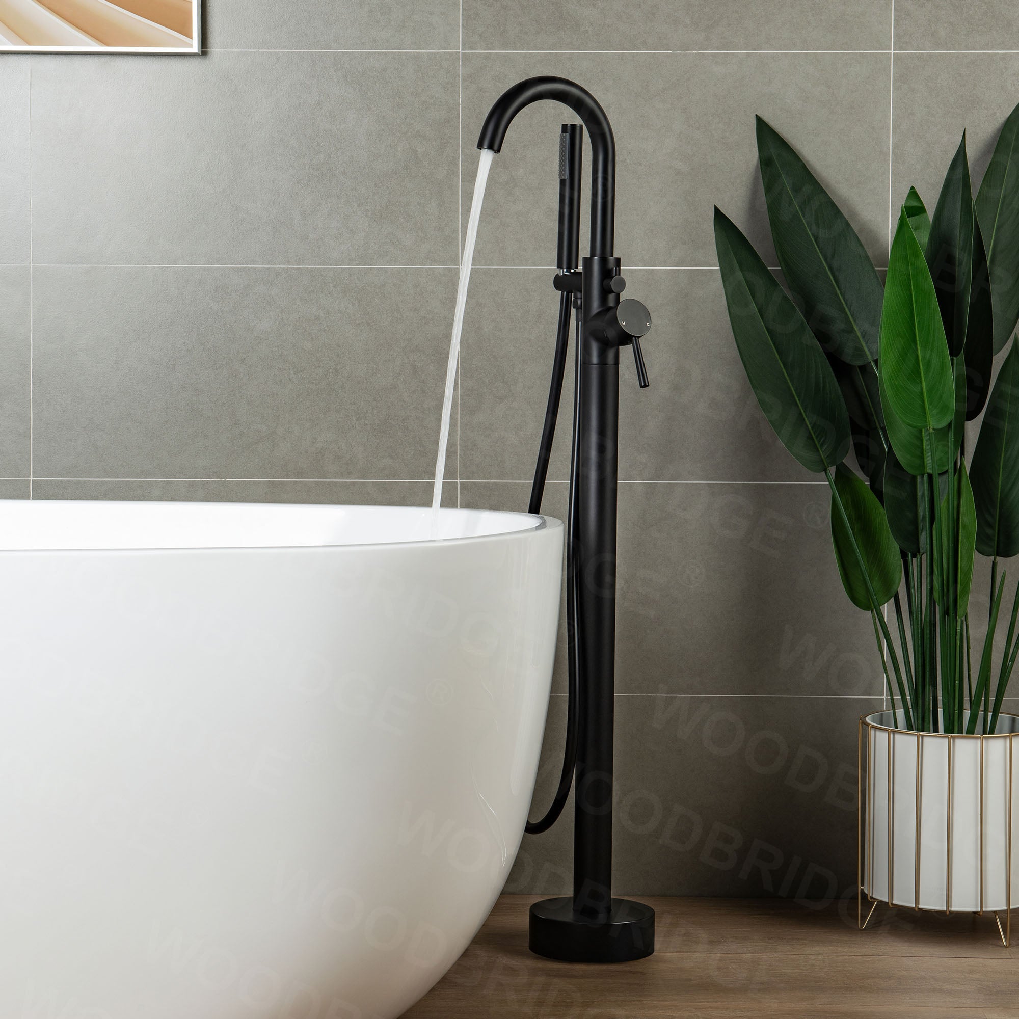 WOODBRIDGE F0001BNRD Contemporary Single Handle Floor Mount Freestanding Tub Filler Faucet with Hand shower