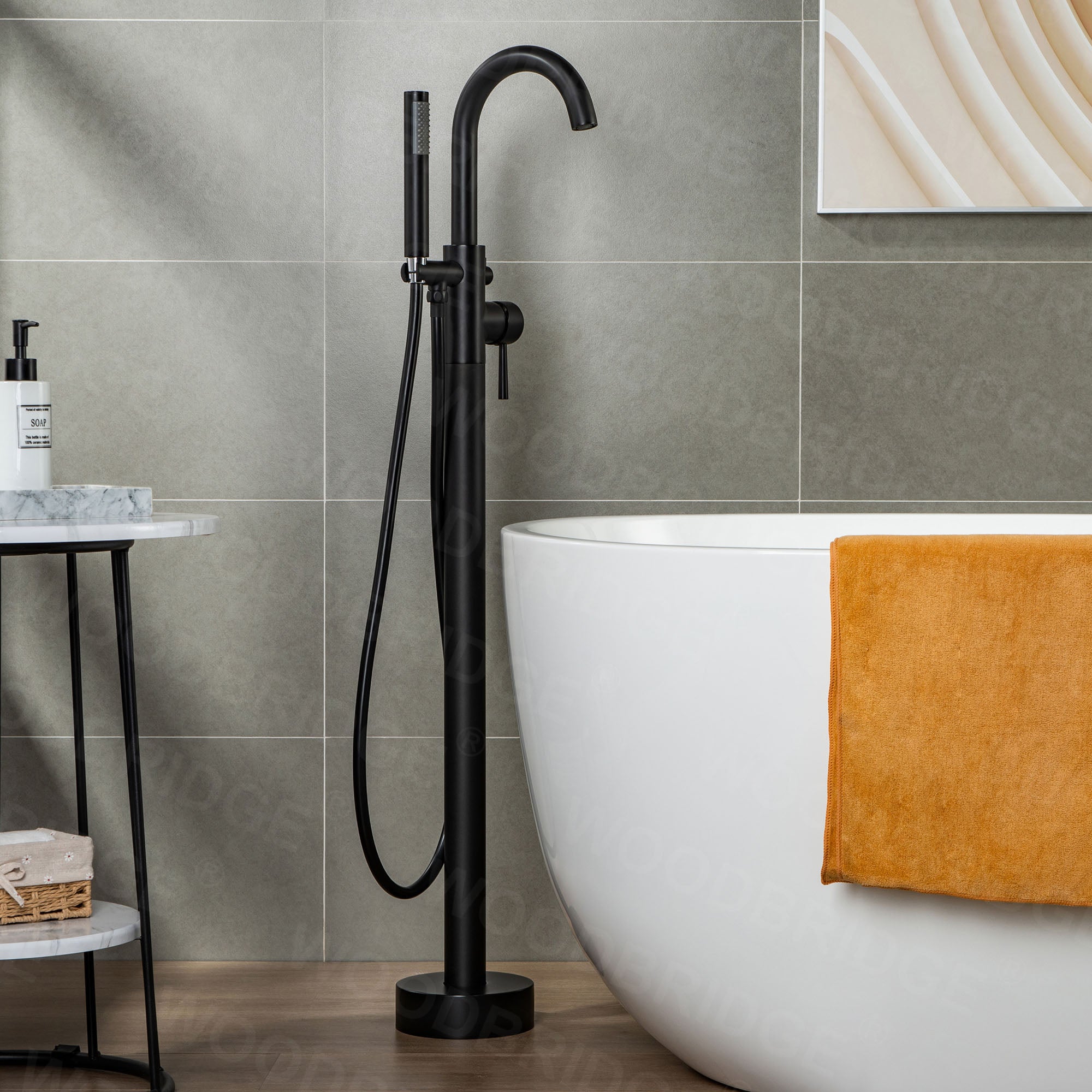 WOODBRIDGE F0001BNRD Contemporary Single Handle Floor Mount Freestanding Tub Filler Faucet with Hand shower