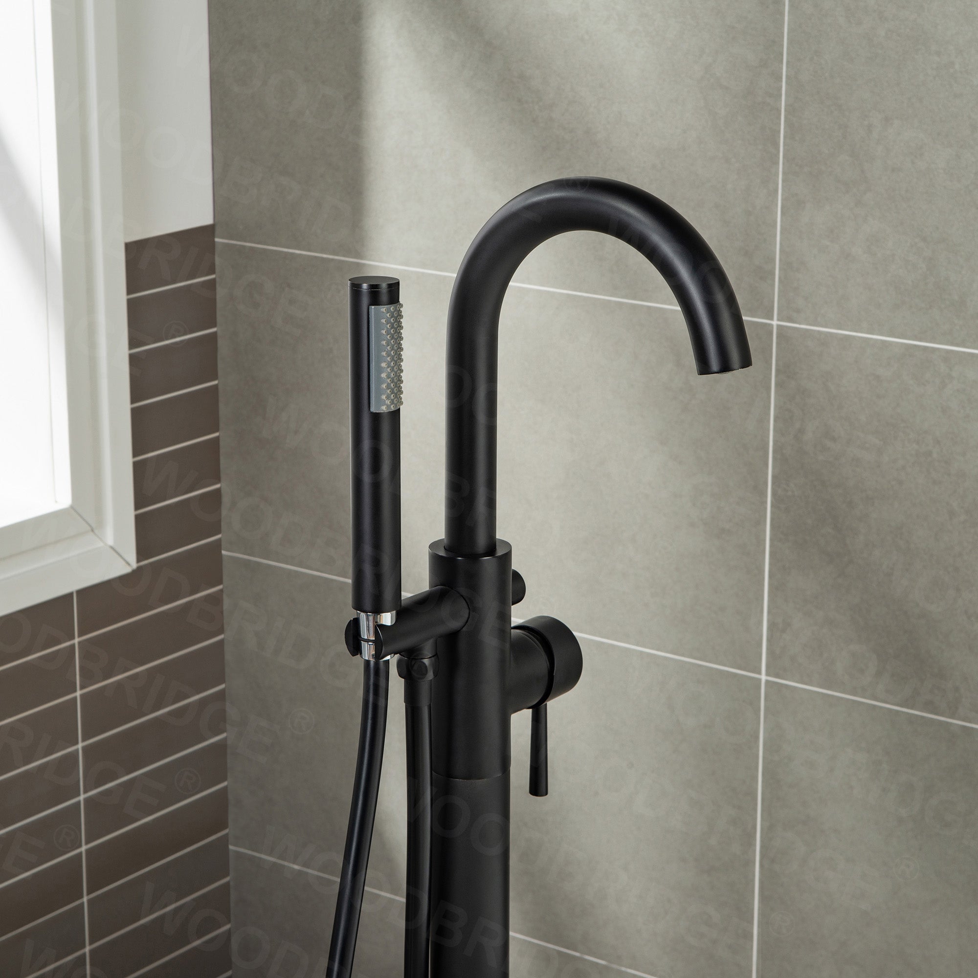 WOODBRIDGE F0001BNRD Contemporary Single Handle Floor Mount Freestanding Tub Filler Faucet with Hand shower