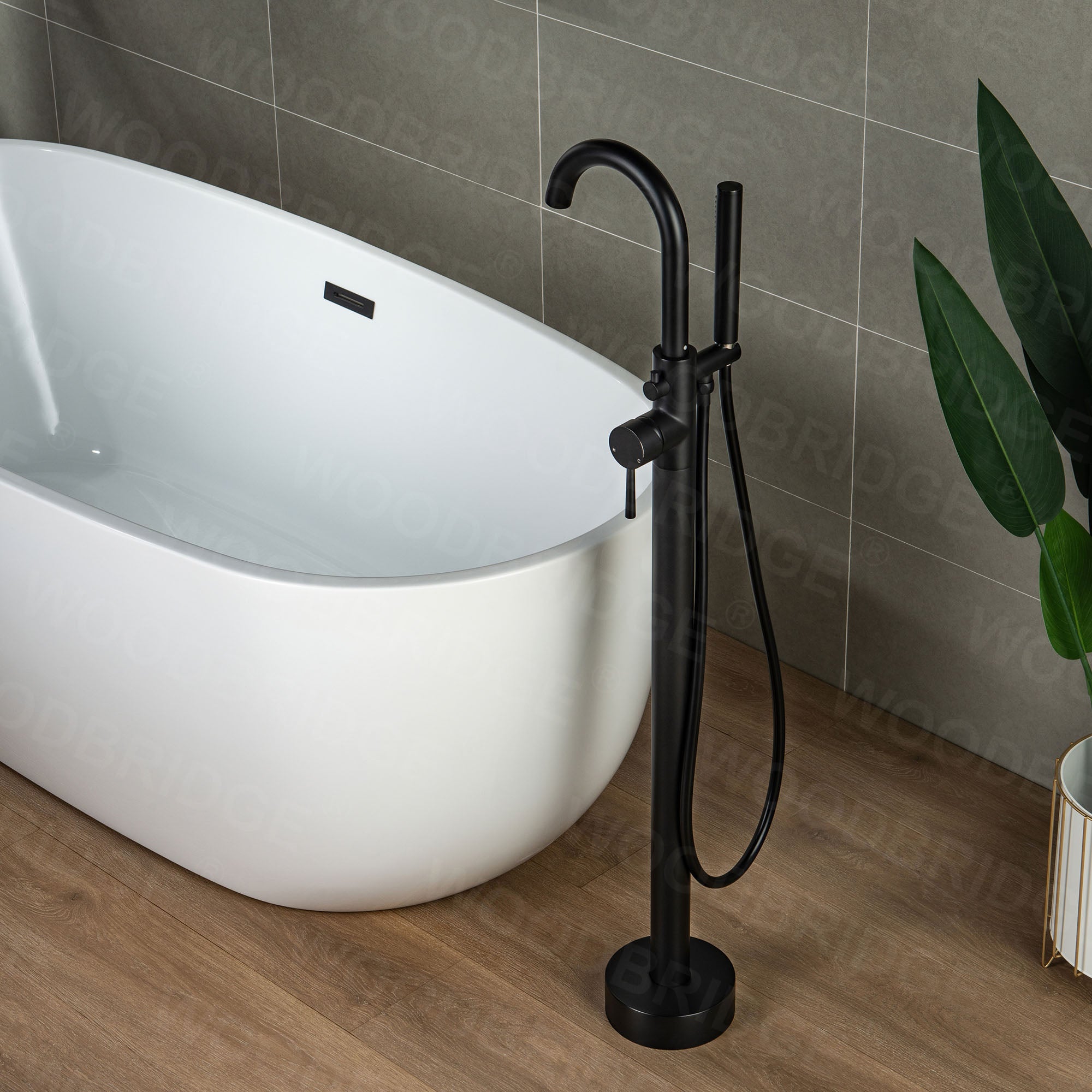 WOODBRIDGE F0001BNRD Contemporary Single Handle Floor Mount Freestanding Tub Filler Faucet with Hand shower