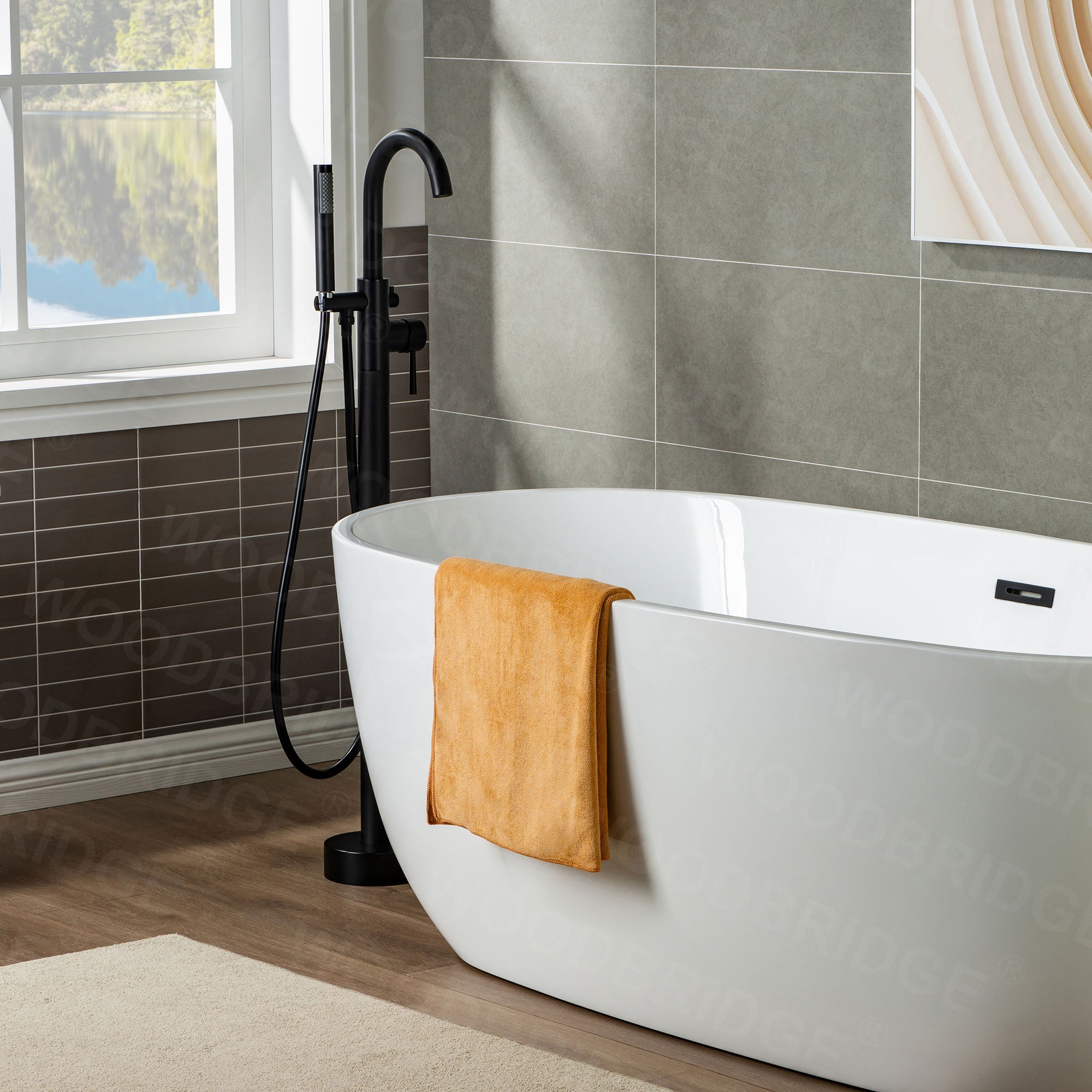 WOODBRIDGE F0001BNRD Contemporary Single Handle Floor Mount Freestanding Tub Filler Faucet with Hand shower