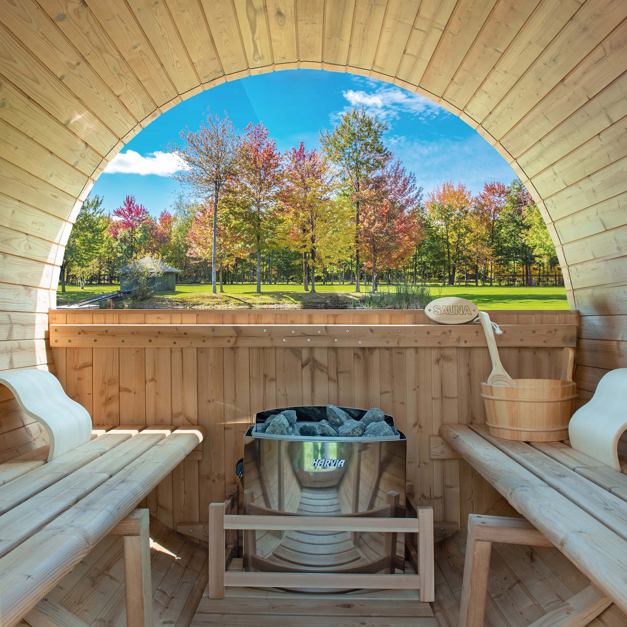 WOODBRIDGE 2-Person Luxury Finland thermo Pine Outdoor Barrel Sauna with half View Window,Harvia Electric Heater with Sauna Stone, Sauna accessories Kit and Asphalt Shingle Roof, 4'x6'