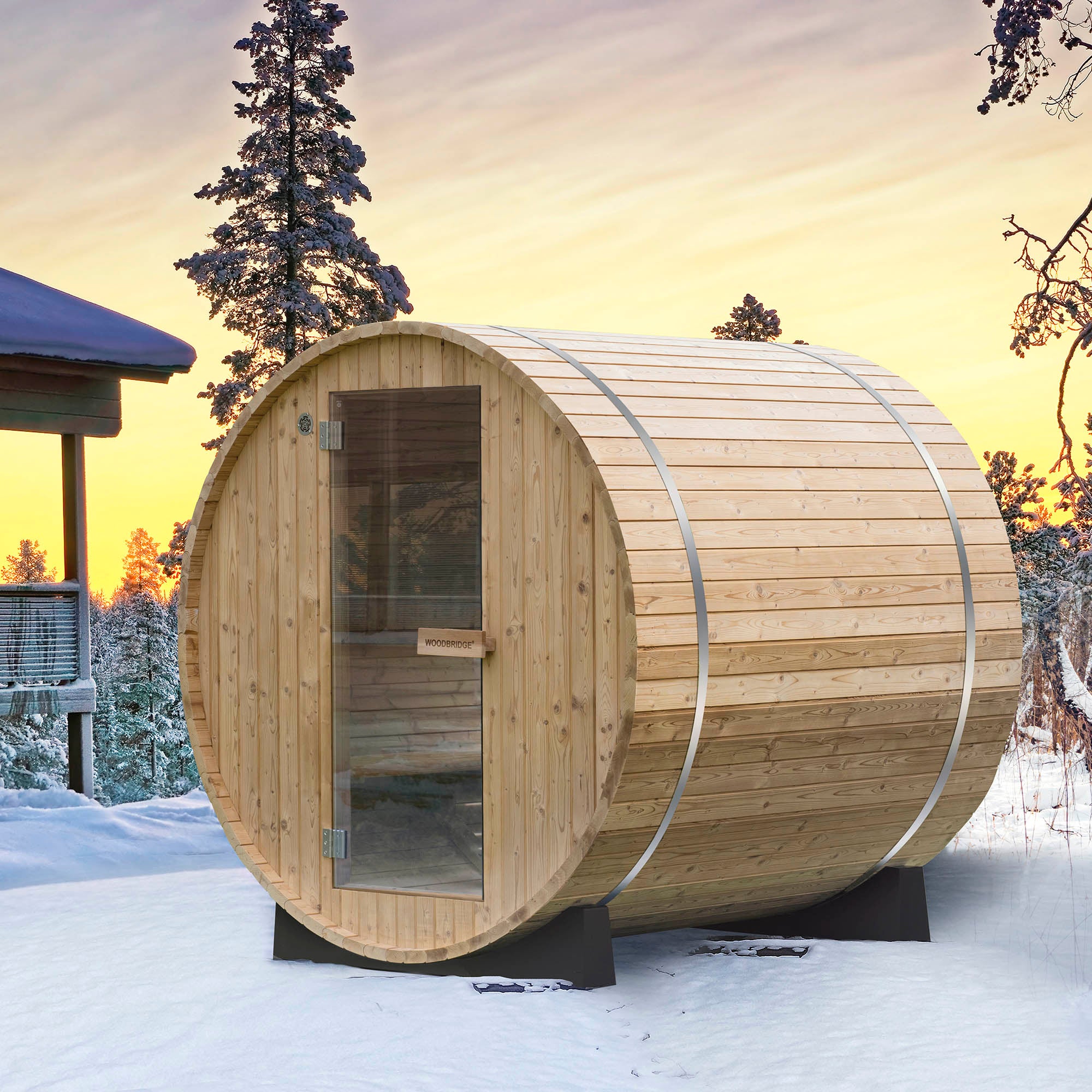 WOODBRIDGE 2-Person Luxury Finland thermo Pine Outdoor Barrel Sauna with half View Window,Harvia Electric Heater with Sauna Stone, Sauna accessories Kit and Asphalt Shingle Roof, 4'x6'