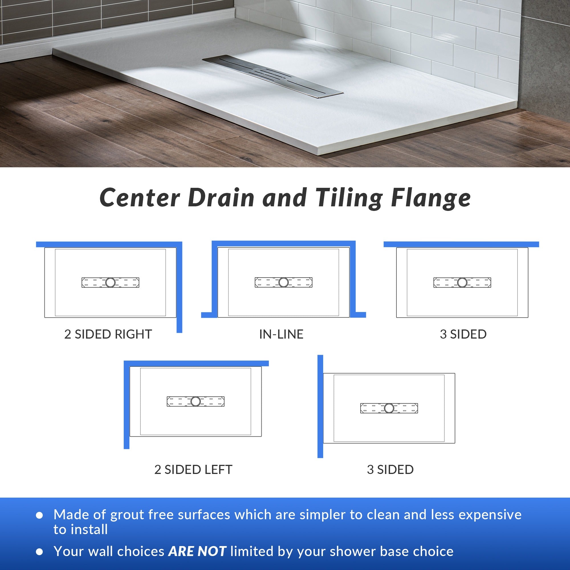 WOODBRIDGE 59 in L x 35.4 in W Zero Threshold End Drain Shower Base with Center Drain Placement, Matching Decorative Drain Plate and Tile Flange