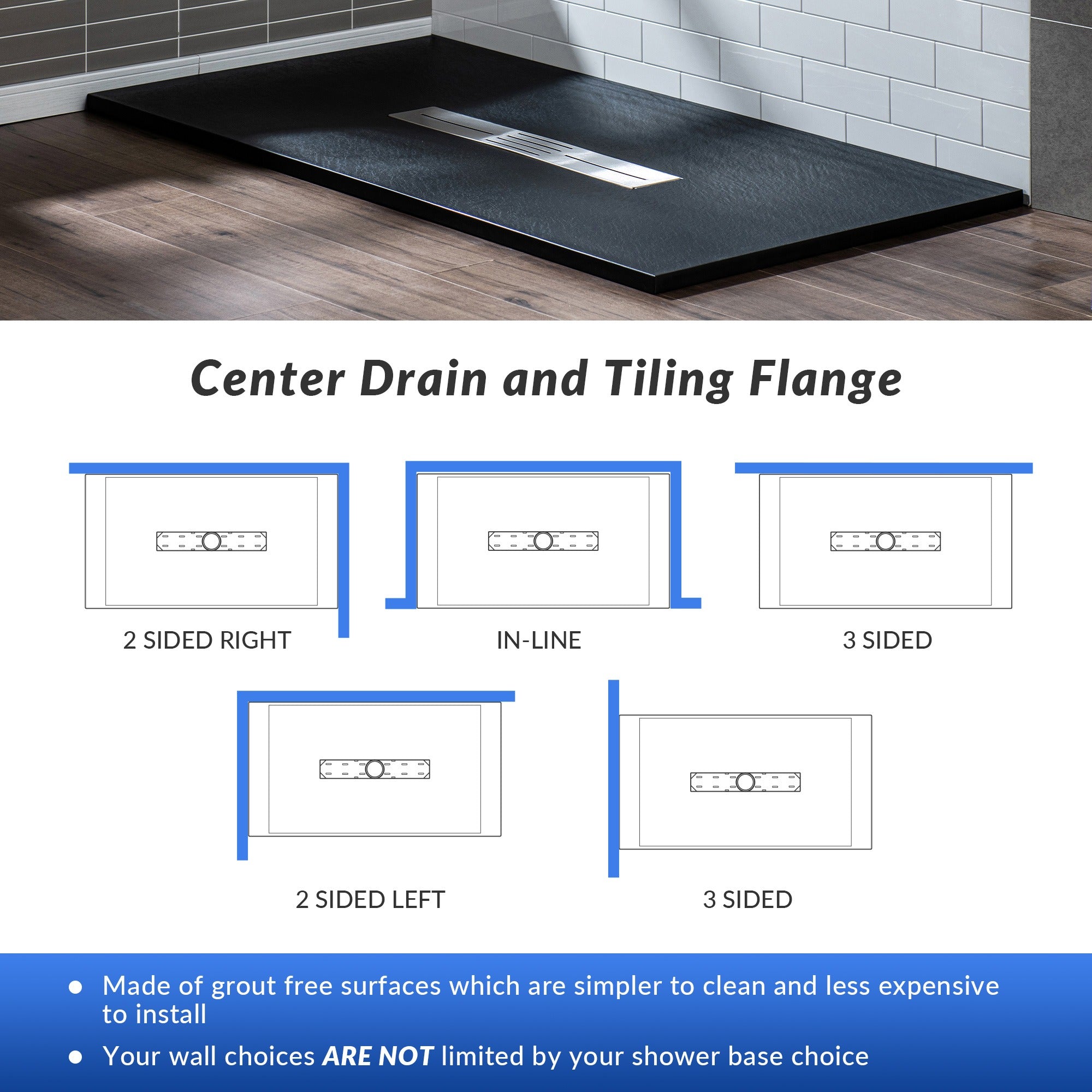 WOODBRIDGE 47.5 in L x 35.4 in W Zero Threshold End Drain Shower Base with Center Drain Placement, Matching Decorative Drain Plate and Tile Flange