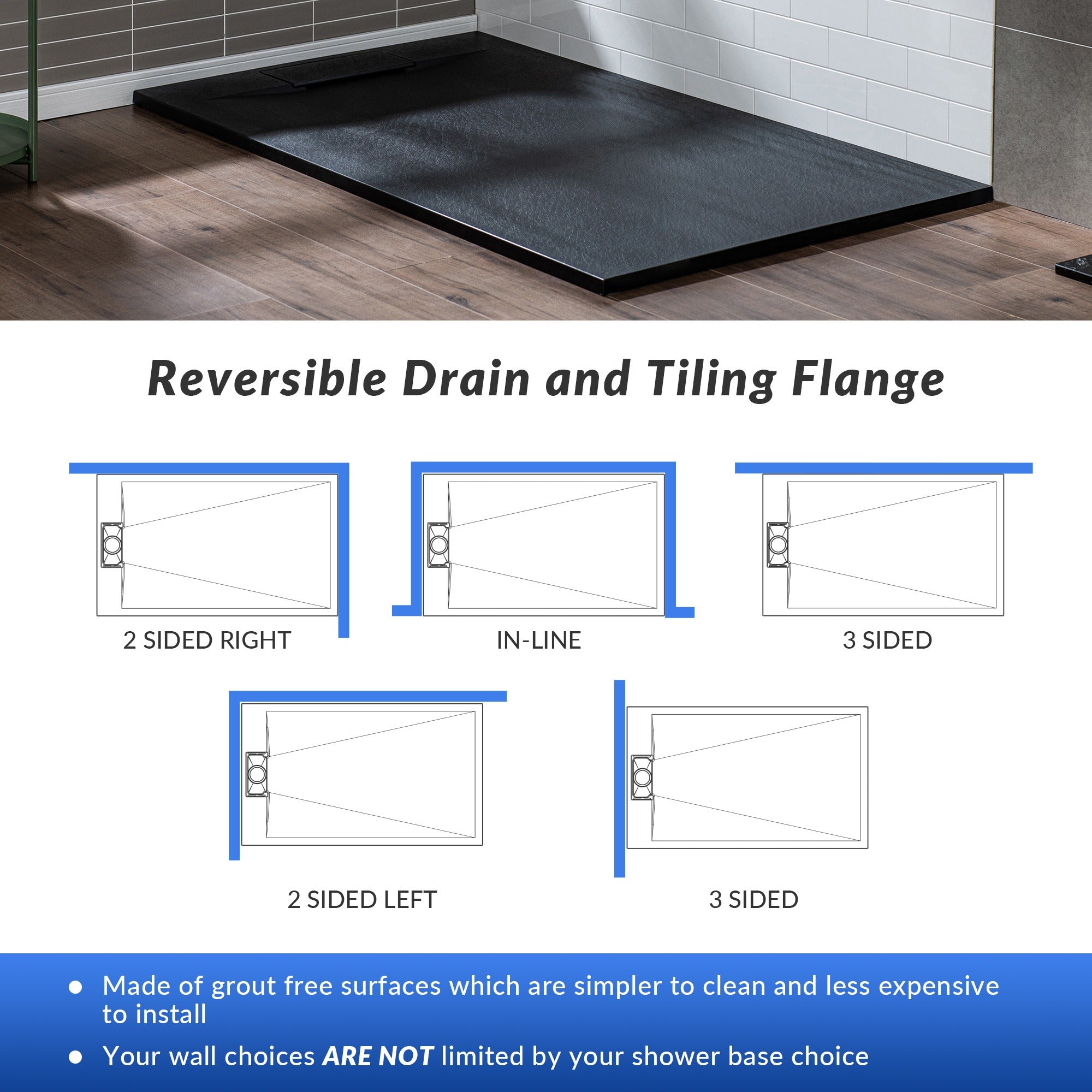 WOODBRIDGE 60 in L x 35.4 in W Zero Threshold End Drain Shower Base with Reversible Drain Placement, Matching Decorative Drain Plate and Tile Flange