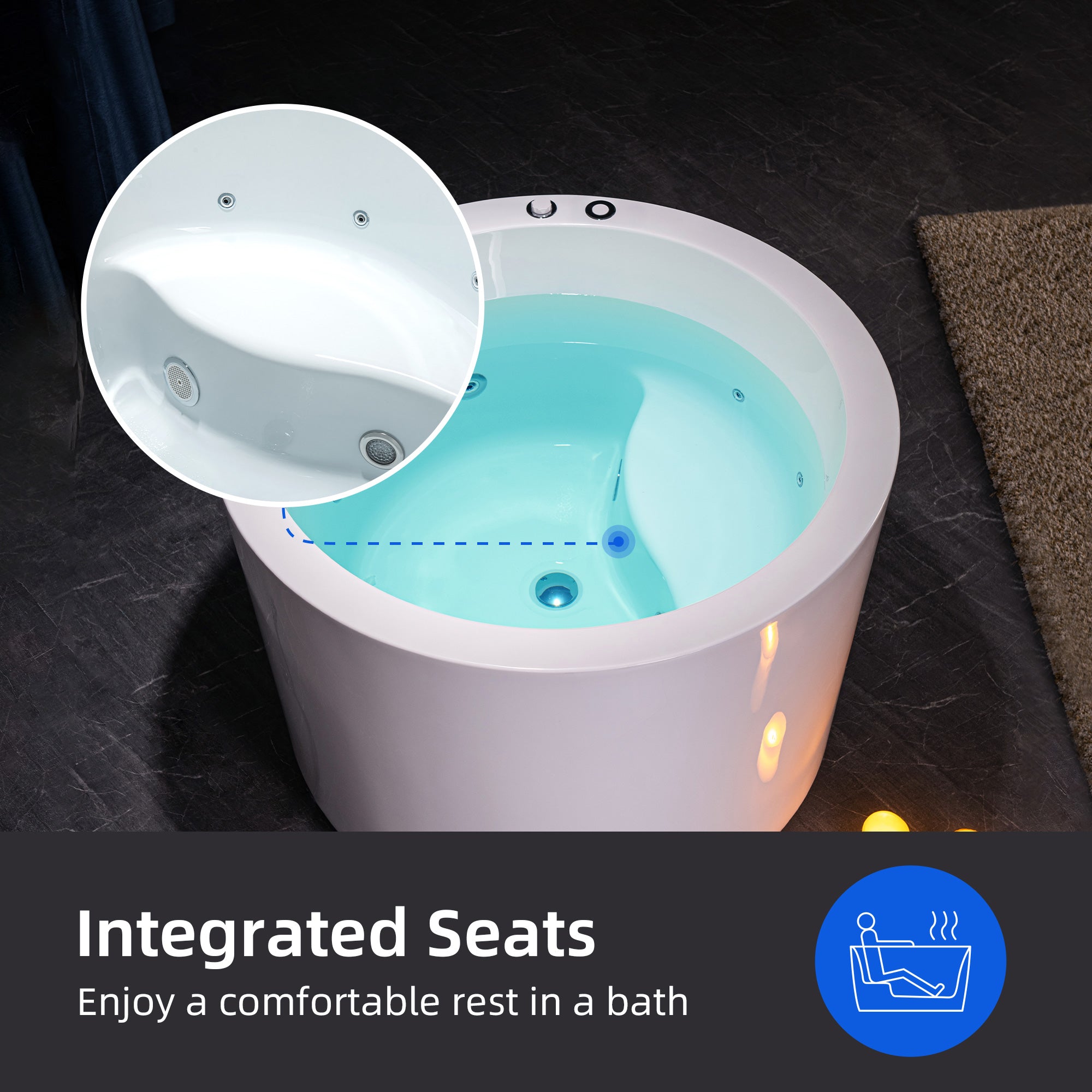 WOODBRIDGE 41" Acrylic Freestanding Round Contemporary Whirlpool Heated Jetted Tub with Pre-molded Seat and Chrome Pop-Up Drain and Overflow, White, BS0260