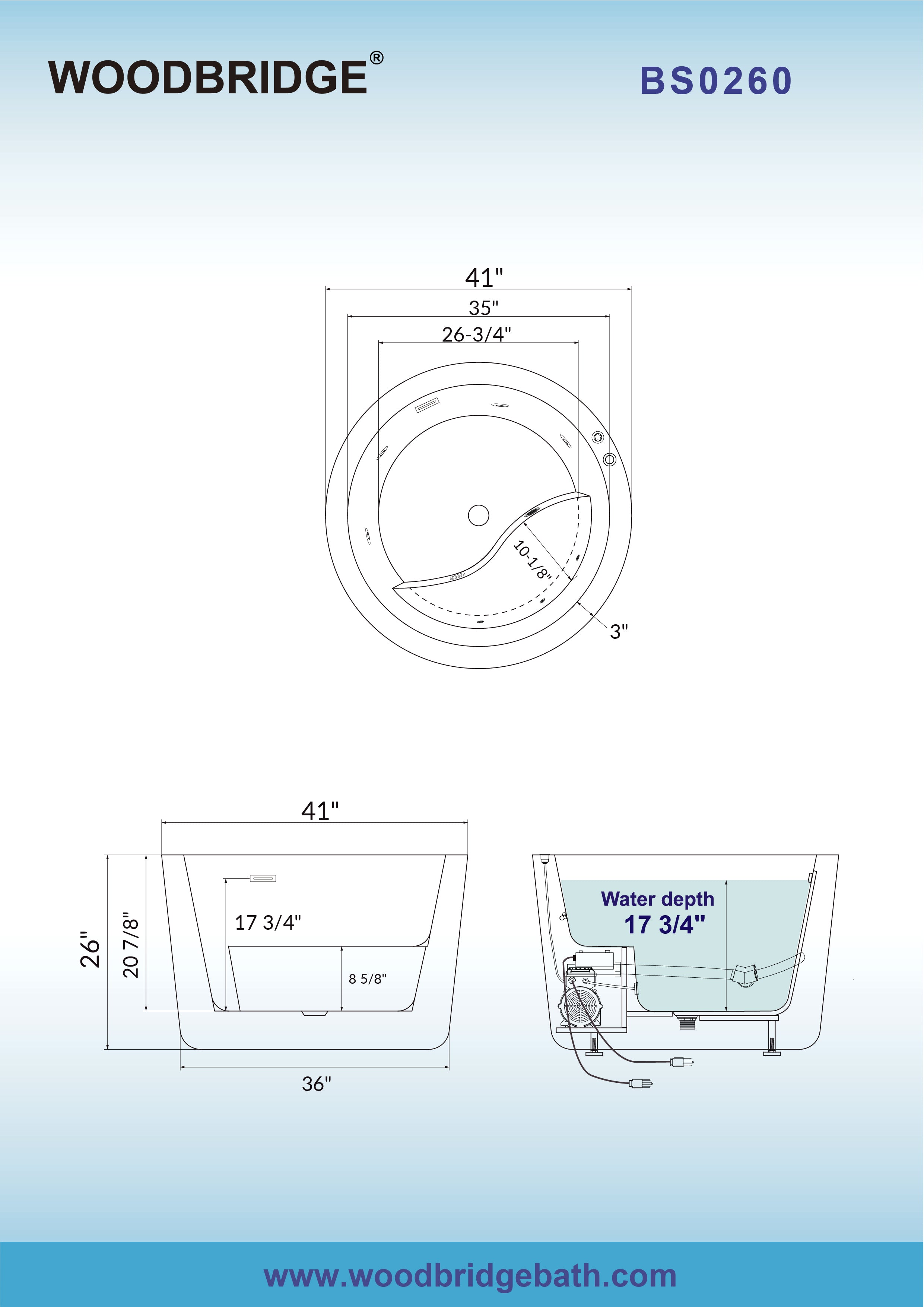 WOODBRIDGE 41" Acrylic Freestanding Round Contemporary Whirlpool Heated Jetted Tub with Pre-molded Seat and Chrome Pop-Up Drain and Overflow, White, BS0260