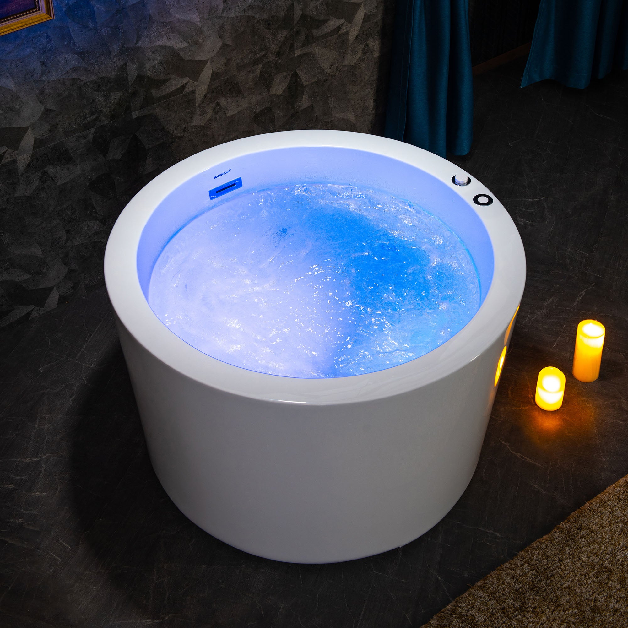 WOODBRIDGE 41" Acrylic Freestanding Round Contemporary Whirlpool Heated Jetted Tub with Pre-molded Seat and Chrome Pop-Up Drain and Overflow, White, BS0260