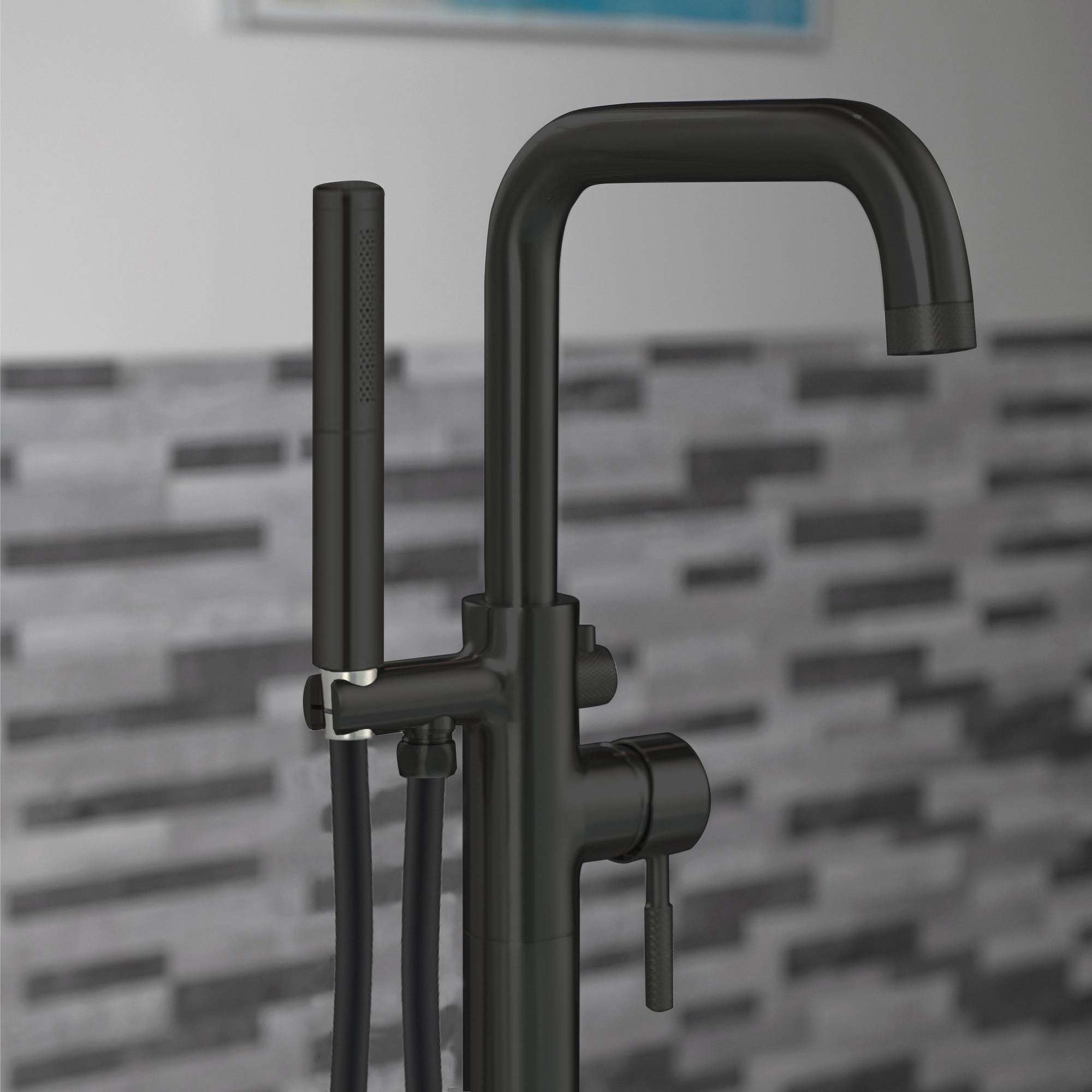 WOODBRIDGE Contemporary Single Handle Floor Mount Freestanding Tub Filler Faucet with 2 Function Cylinder Style Hand Shower