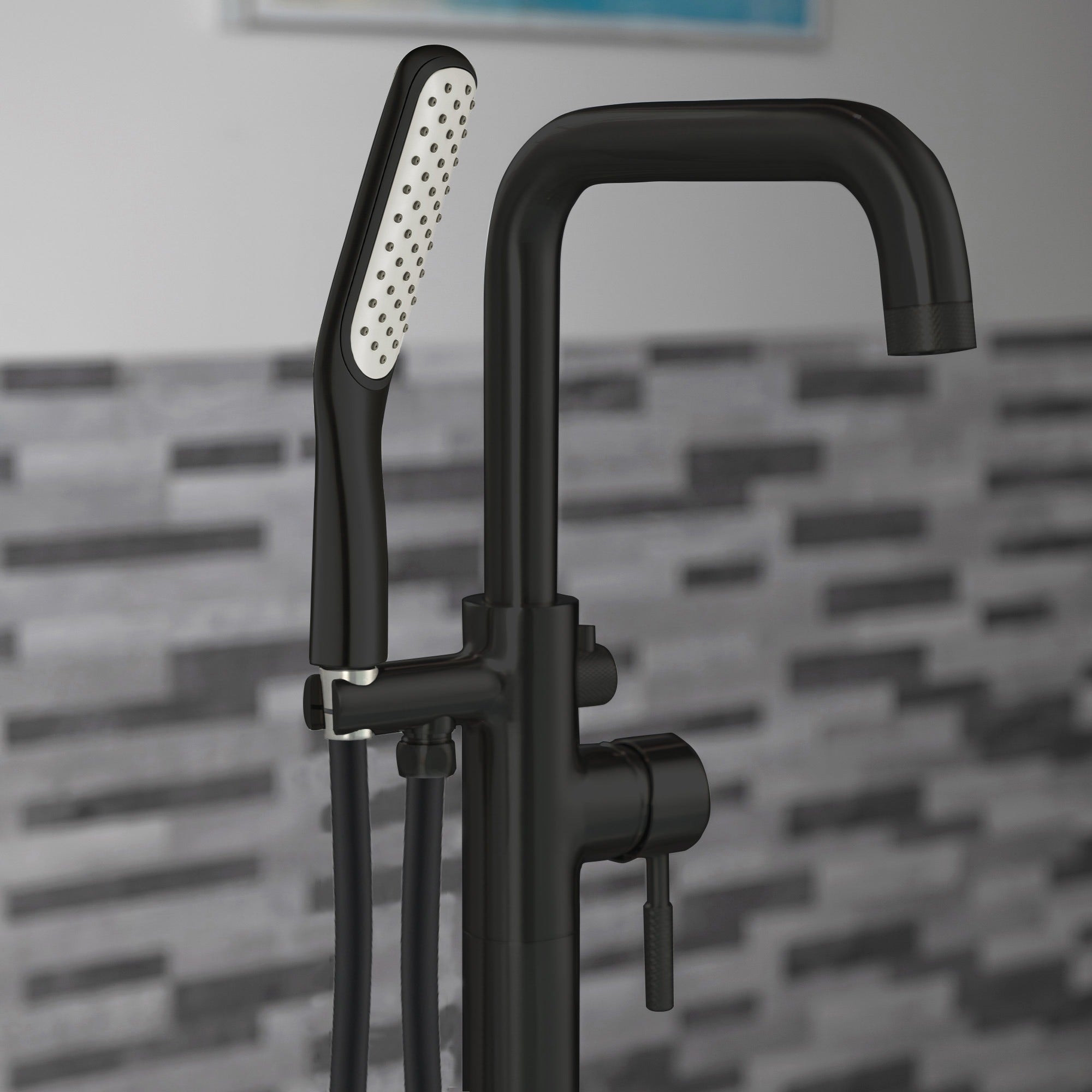 WOODBRIDGE Fusion Single Handle Floor Mount Freestanding Tub Filler Faucet with Square Shape Hand Shower