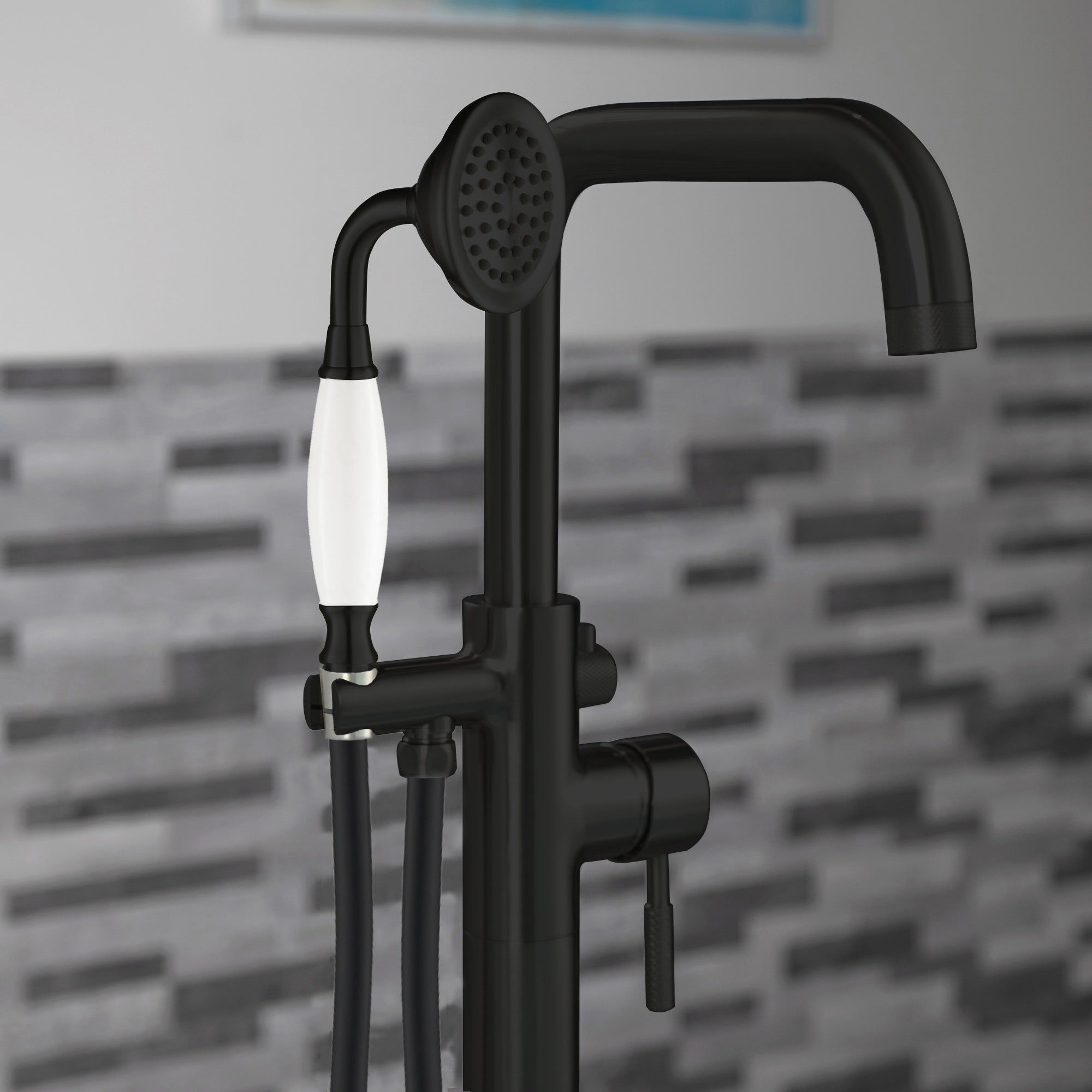 WOODBRIDGE Fusion Single Handle Floor Mount Freestanding Tub Filler Faucet with Classic Telephone Style Hand Shower