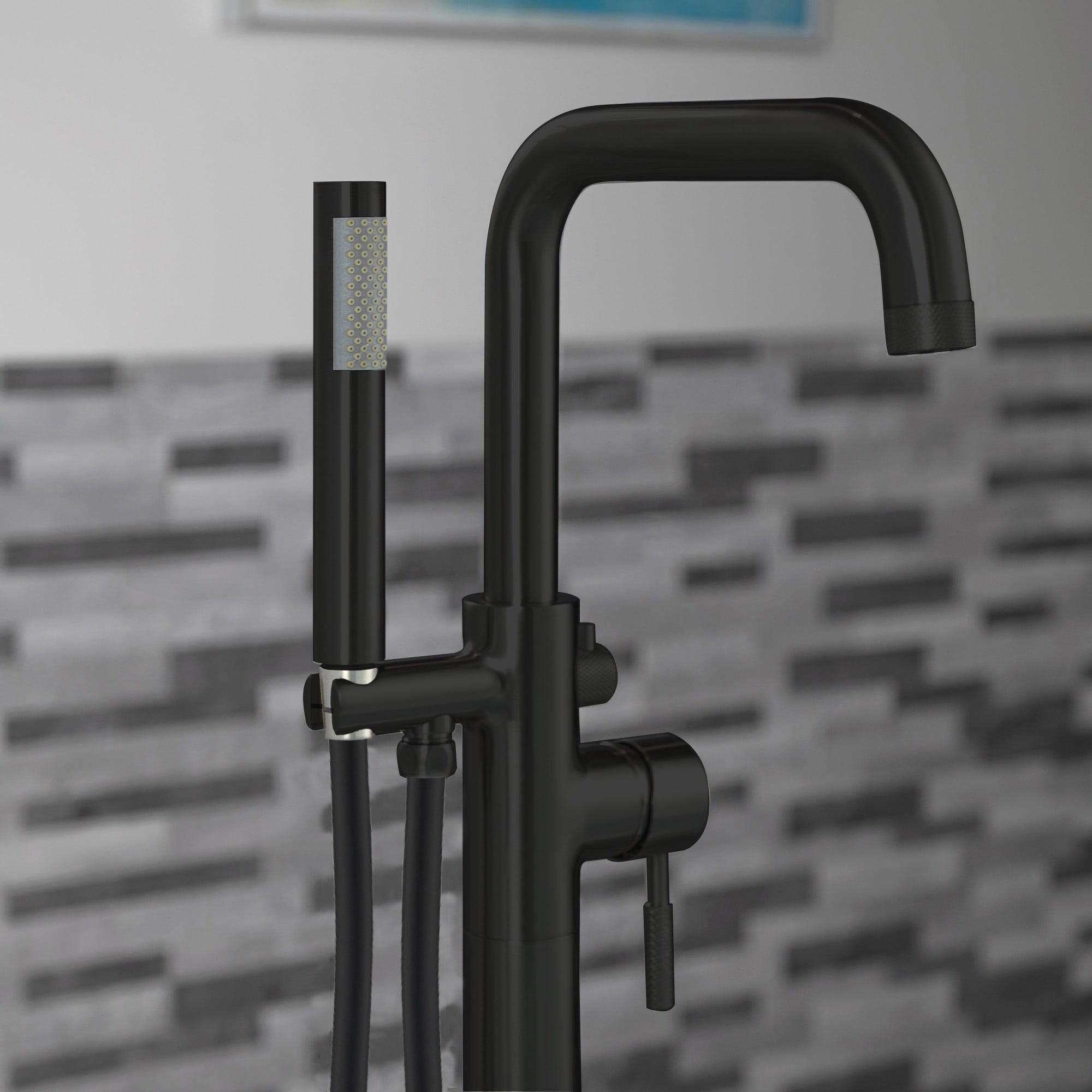 WOODBRIDGE Contemporary Single Handle Floor Mount Freestanding Tub Filler Faucet with Cylinder Style Hand Shower