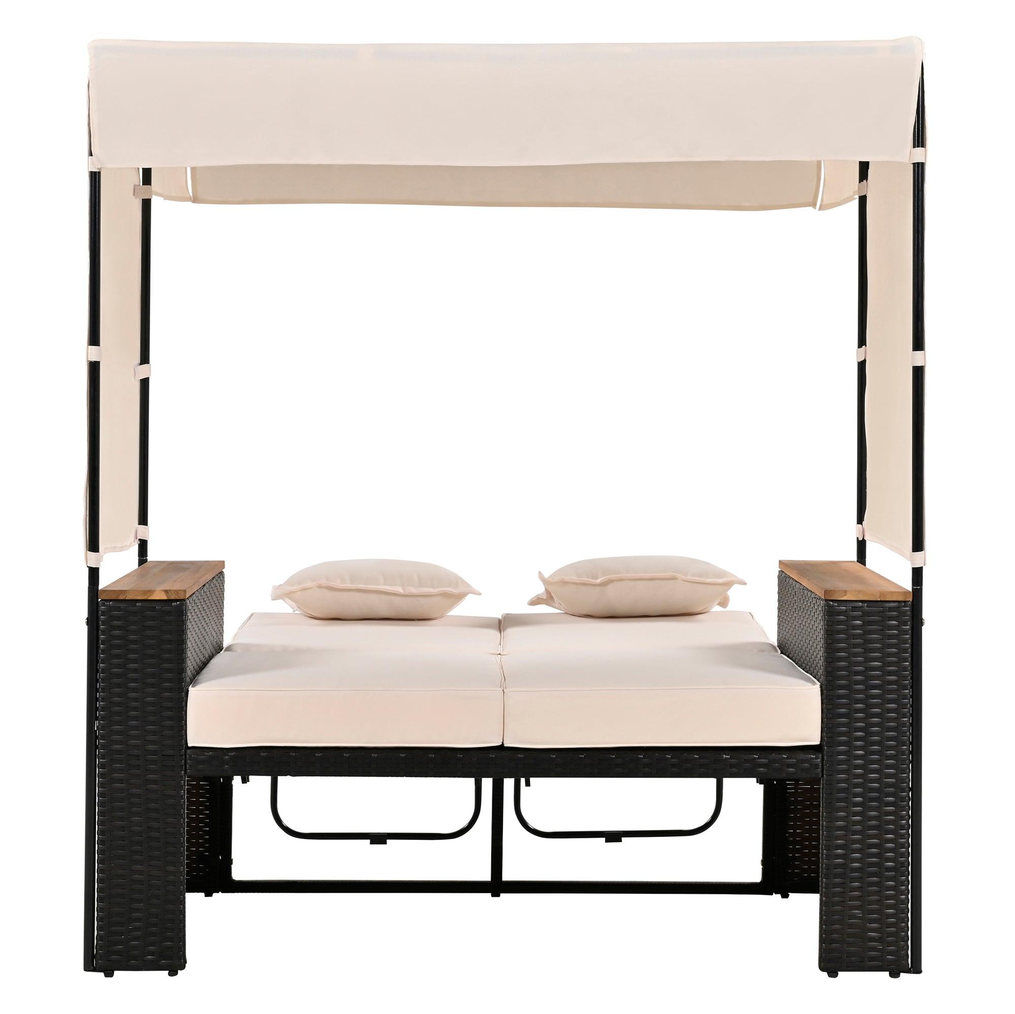 2-Piece Outdoor Rattan Daybed with Bench Lounge Roof Set and Cushions for Poolside, Backyard and Garden