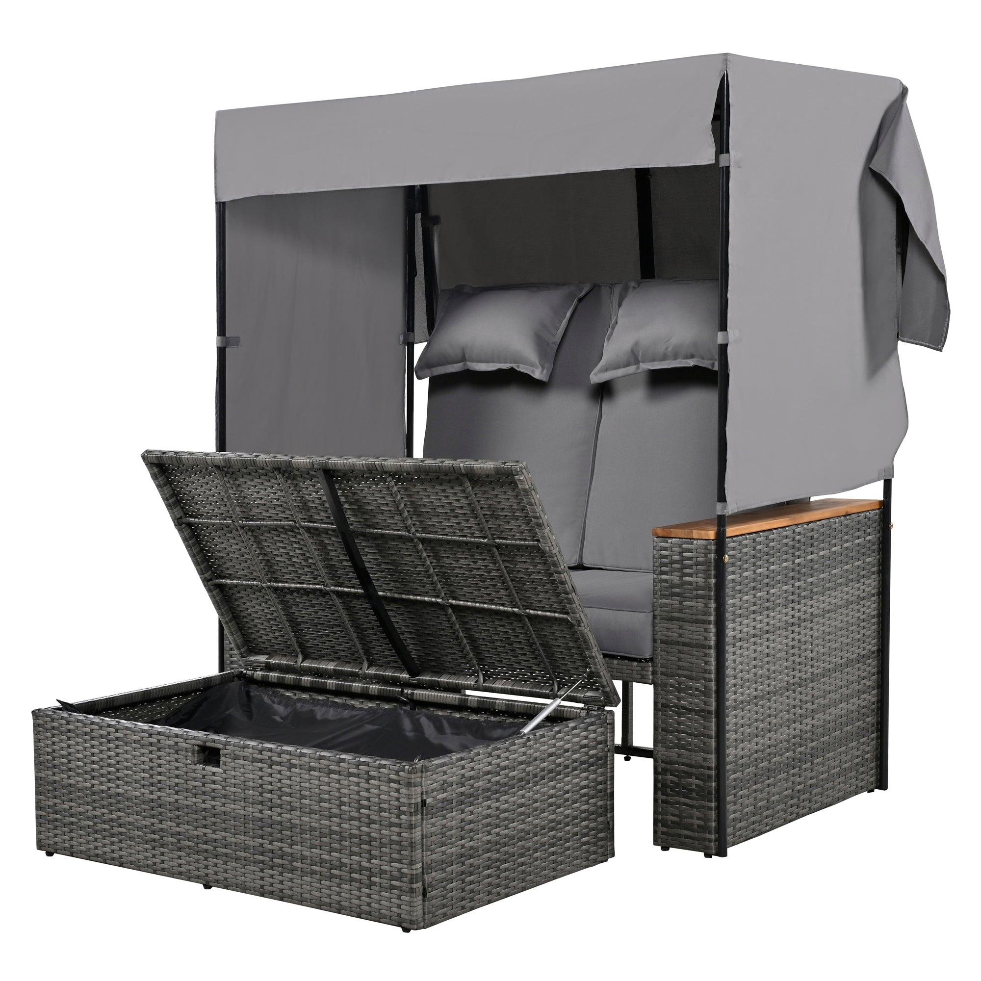 2-Piece Outdoor Rattan Daybed with Bench Lounge Roof Set and Cushions for Poolside, Backyard and Garden