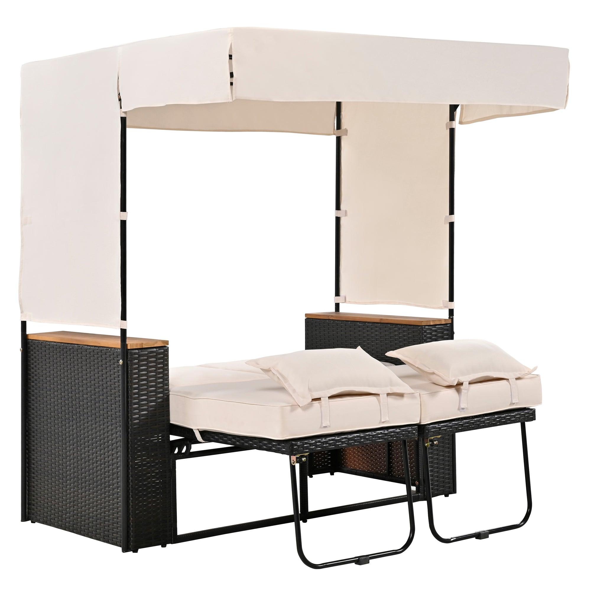 2-Piece Outdoor Rattan Daybed with Bench Lounge Roof Set and Cushions for Poolside, Backyard and Garden