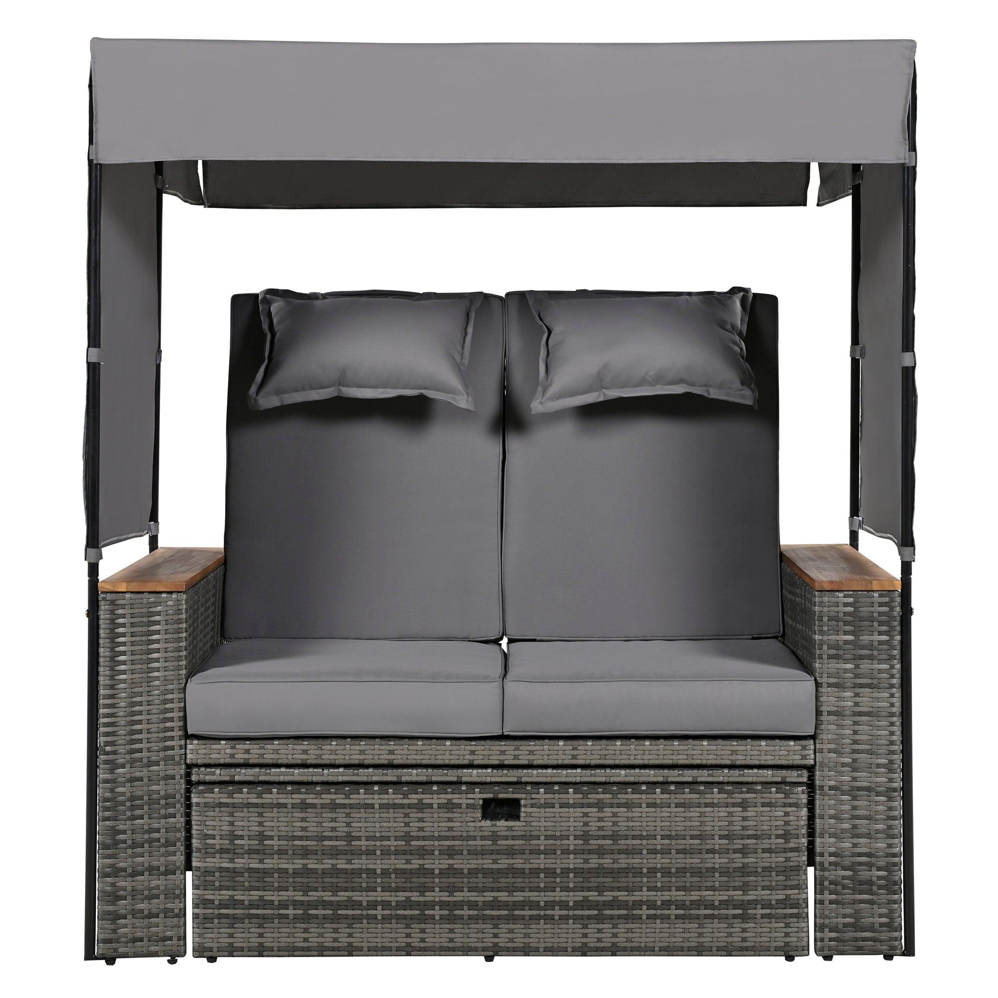 2-Piece Outdoor Rattan Daybed with Bench Lounge Roof Set and Cushions for Poolside, Backyard and Garden