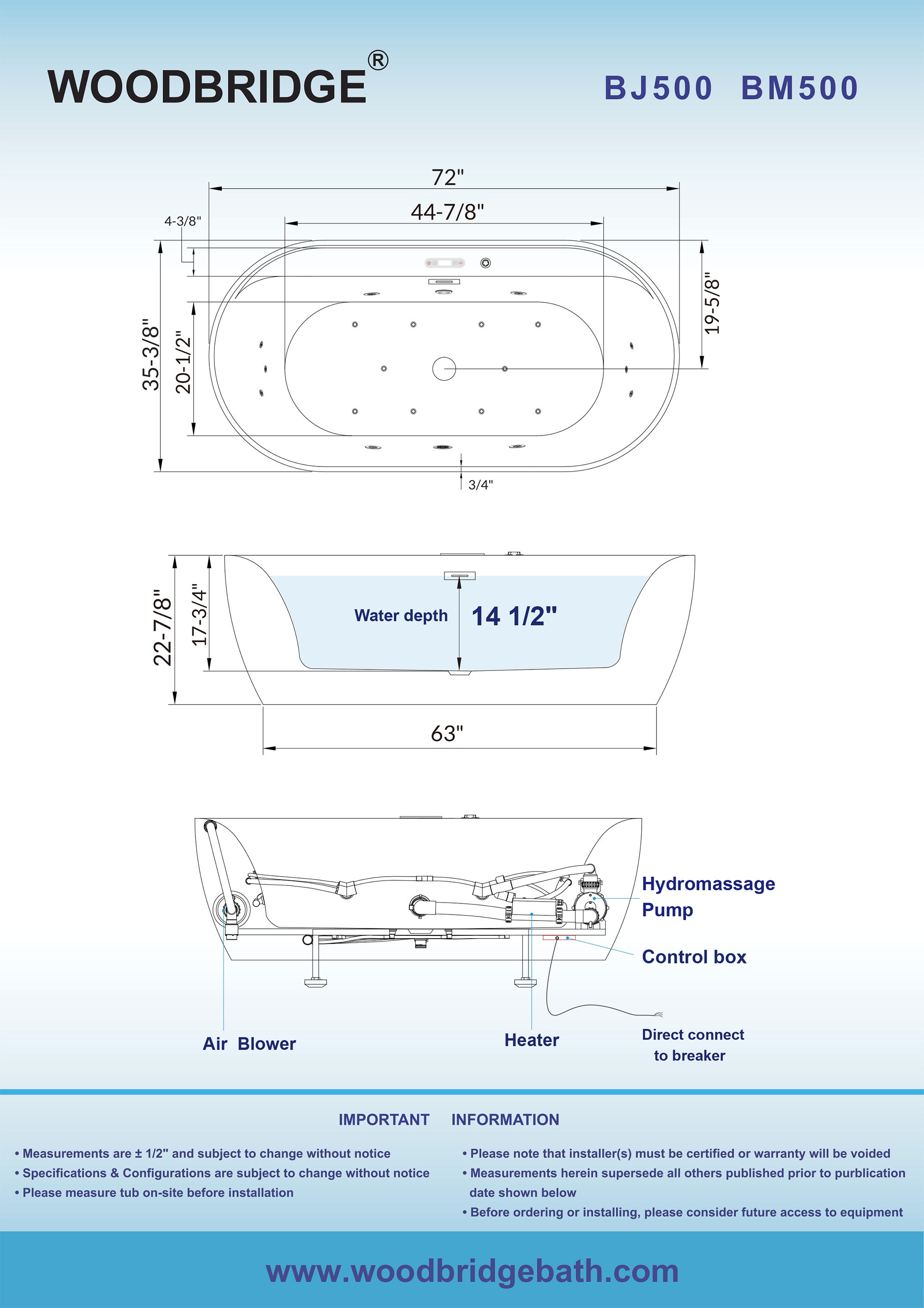 WOODBRIDGE 72" x 35-3/8" Whirlpool and Air Bath Heated Soaking Combination Tub