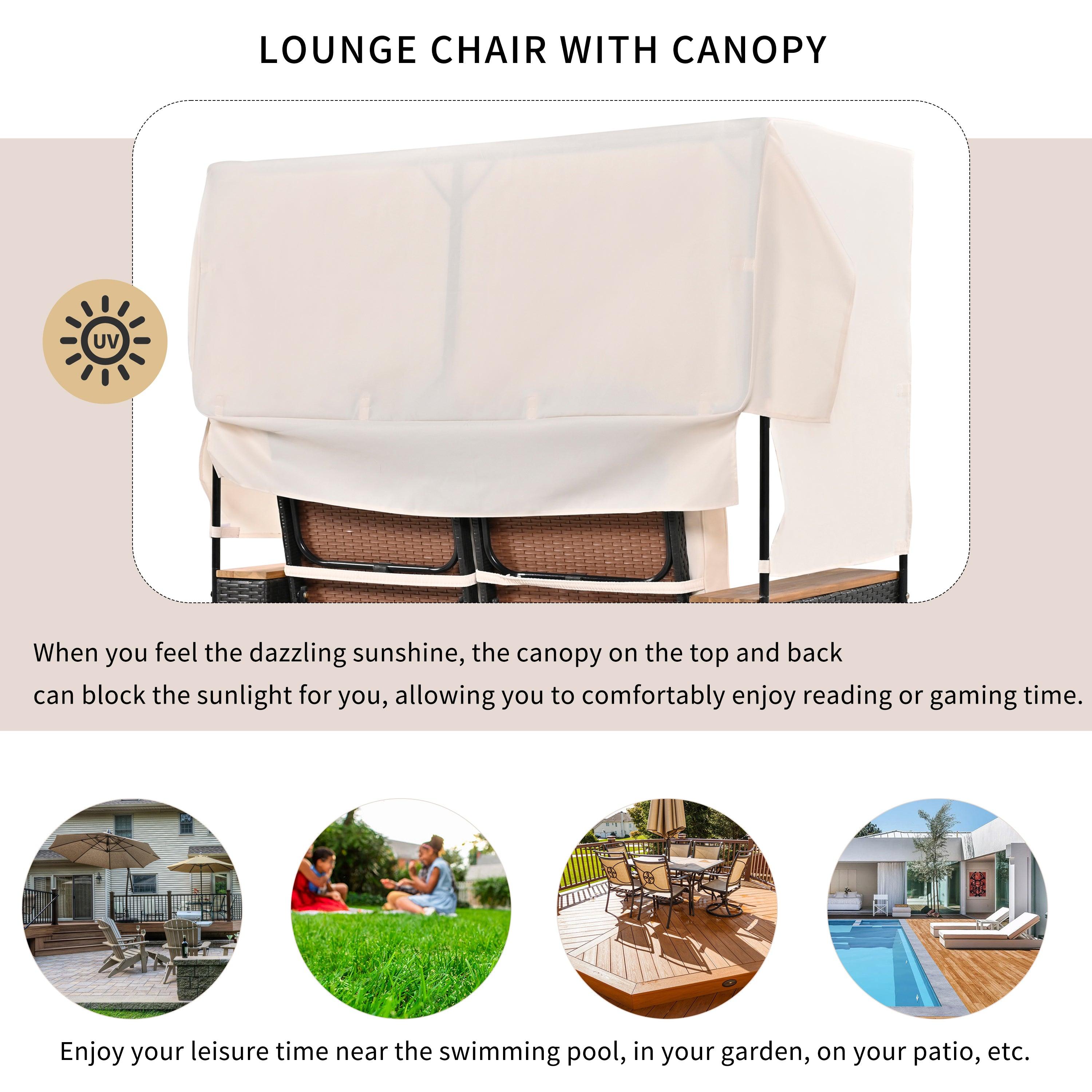 2-Piece Outdoor Rattan Daybed with Bench Lounge Roof Set and Cushions for Poolside, Backyard and Garden