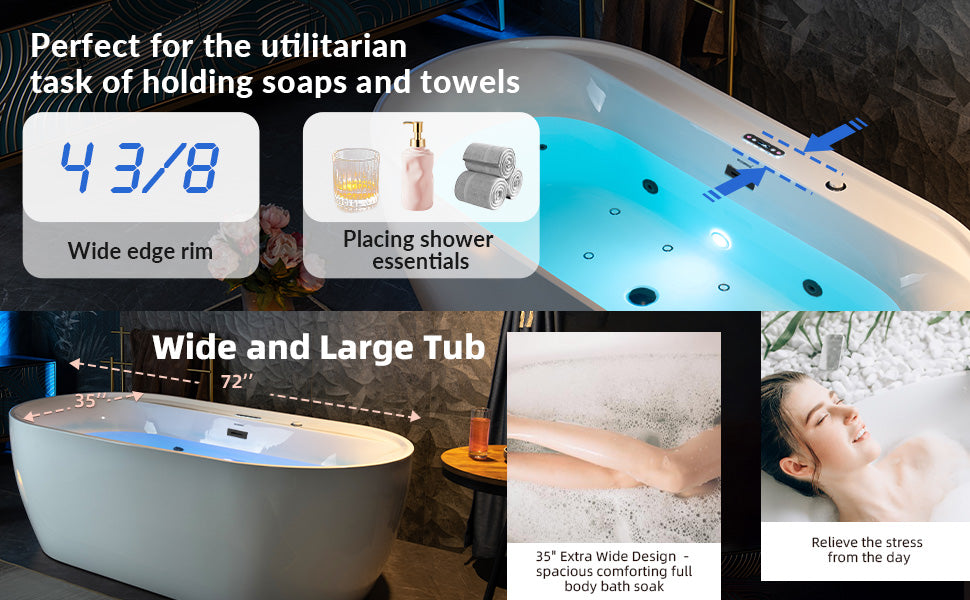 WOODBRIDGE BJ500 / BM500 72 Inch Whirlpool and Air Bath Heated Freestanding Bathtub