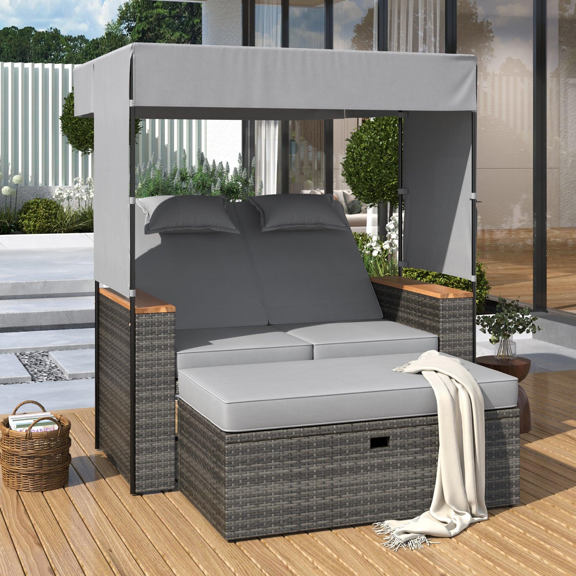 2-Piece Outdoor Rattan Daybed with Bench Lounge Roof Set and Cushions for Poolside, Backyard and Garden