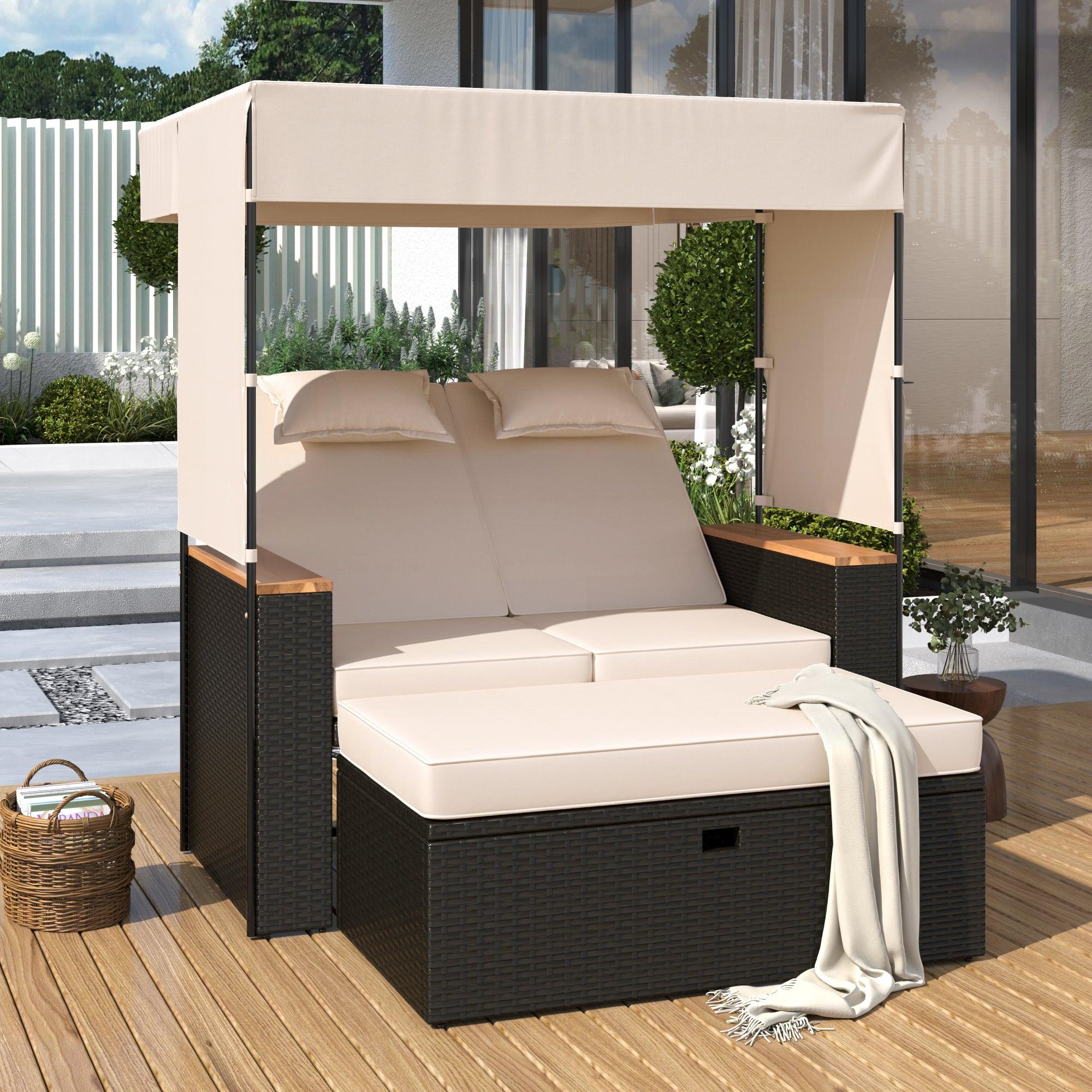 2-Piece Outdoor Rattan Daybed with Bench Lounge Roof Set and Cushions for Poolside, Backyard and Garden