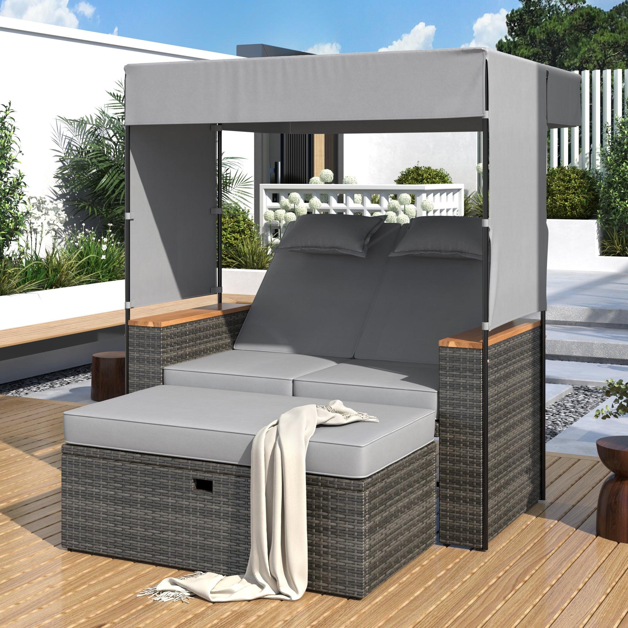 2-Piece Outdoor Rattan Daybed with Bench Lounge Roof Set and Cushions for Poolside, Backyard and Garden
