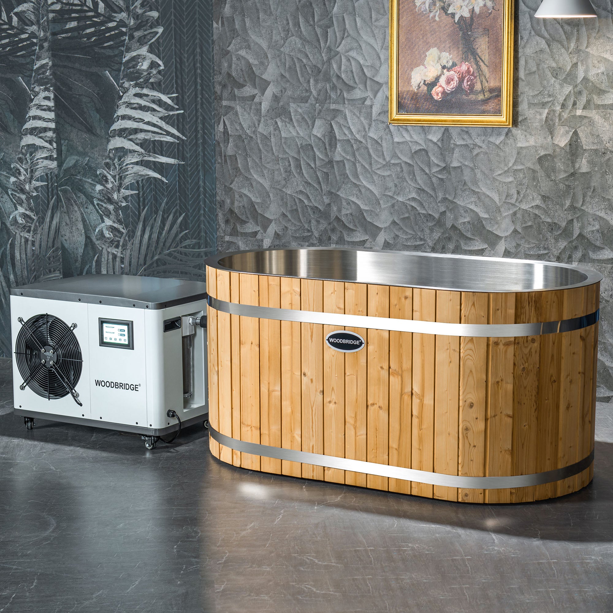 WOODBRIDGE 59" Cold Plunge Tub with 1.3 HP High-Performance Cooling and Heating Chiller in White, Ozone sanitation, Filter circulation system, Insulated Tub Lid, Wood Stool, Wood Seat