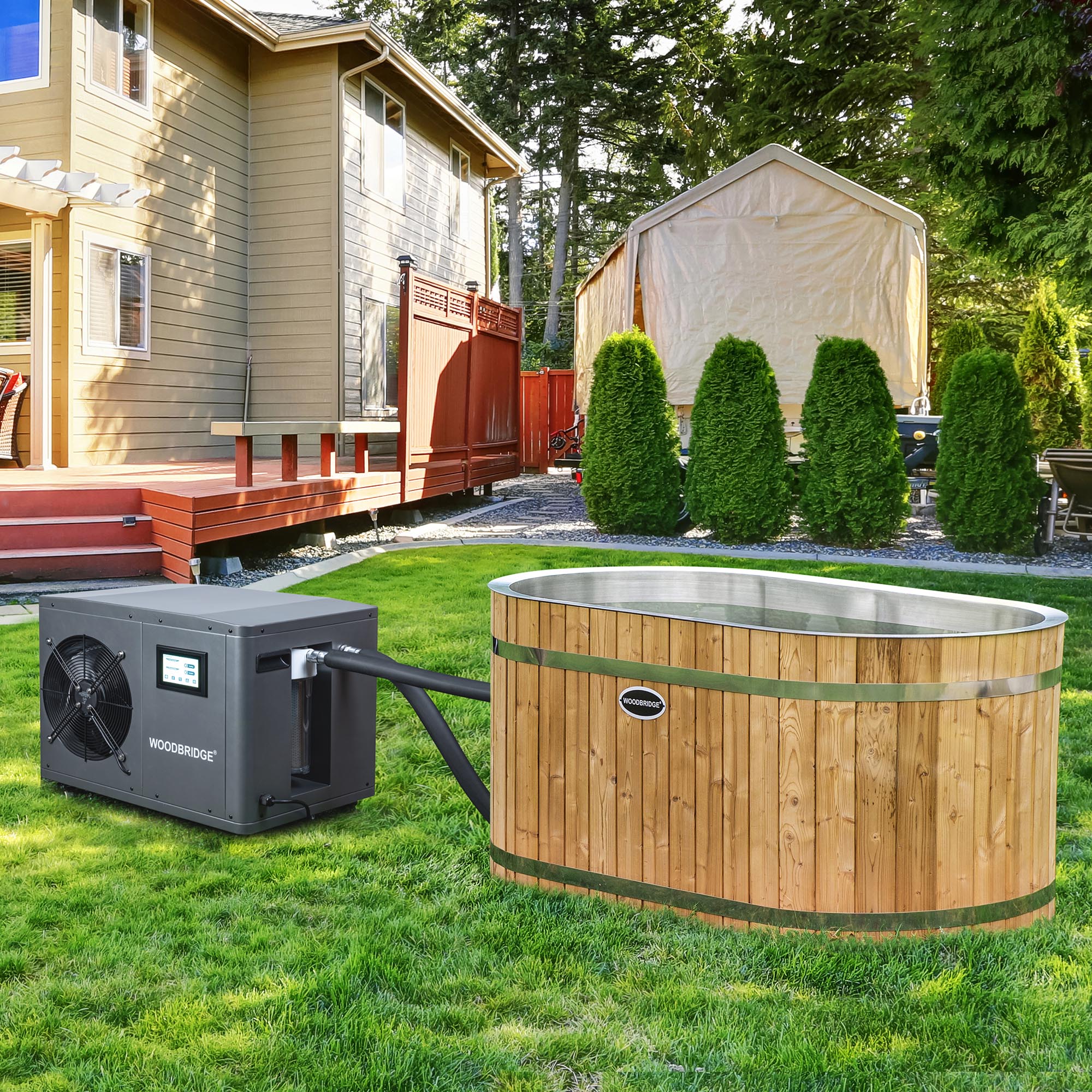 WOODBRIDGE 59" Cold Plunge Tub with 1.3 HP High-Performance Cooling and Heating Chiller in Gray, Ozone sanitation, Filter circulation system, Insulated Tub Lid, Wood Stool, Wood Seat