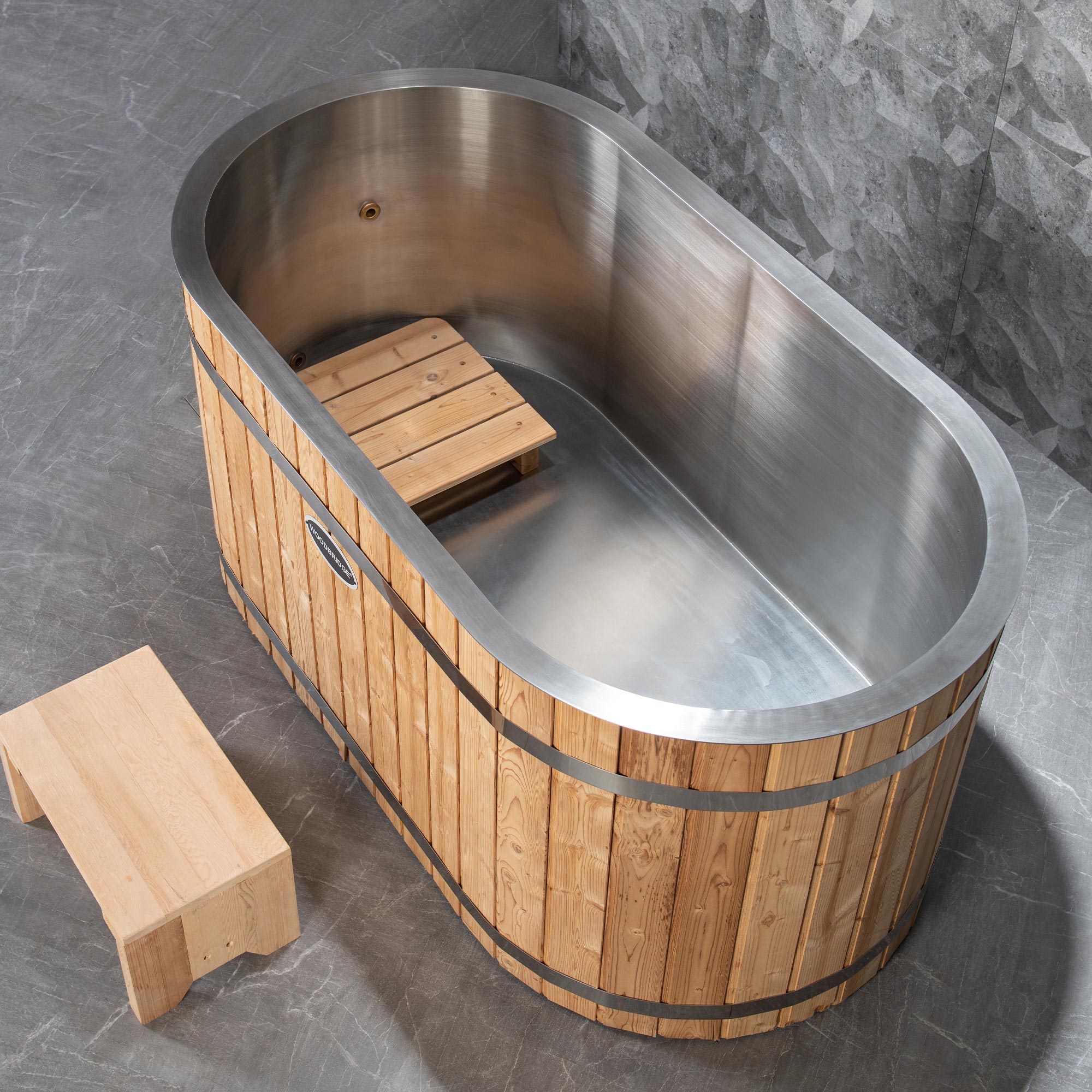 WOODBRIDGE 59" Cold Plunge Tub with 1.3 HP High-Performance Cooling and Heating Chiller in Gray, Ozone sanitation, Filter circulation system, Insulated Tub Lid, Wood Stool, Wood Seat