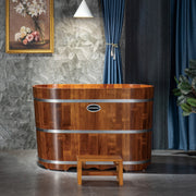 WOODBRIDGE 43" Freestanding Handcrafted Natural Wood Soaking Bathtub with wood stool, wood seat and Chrome Pop Up Drain, WB4301