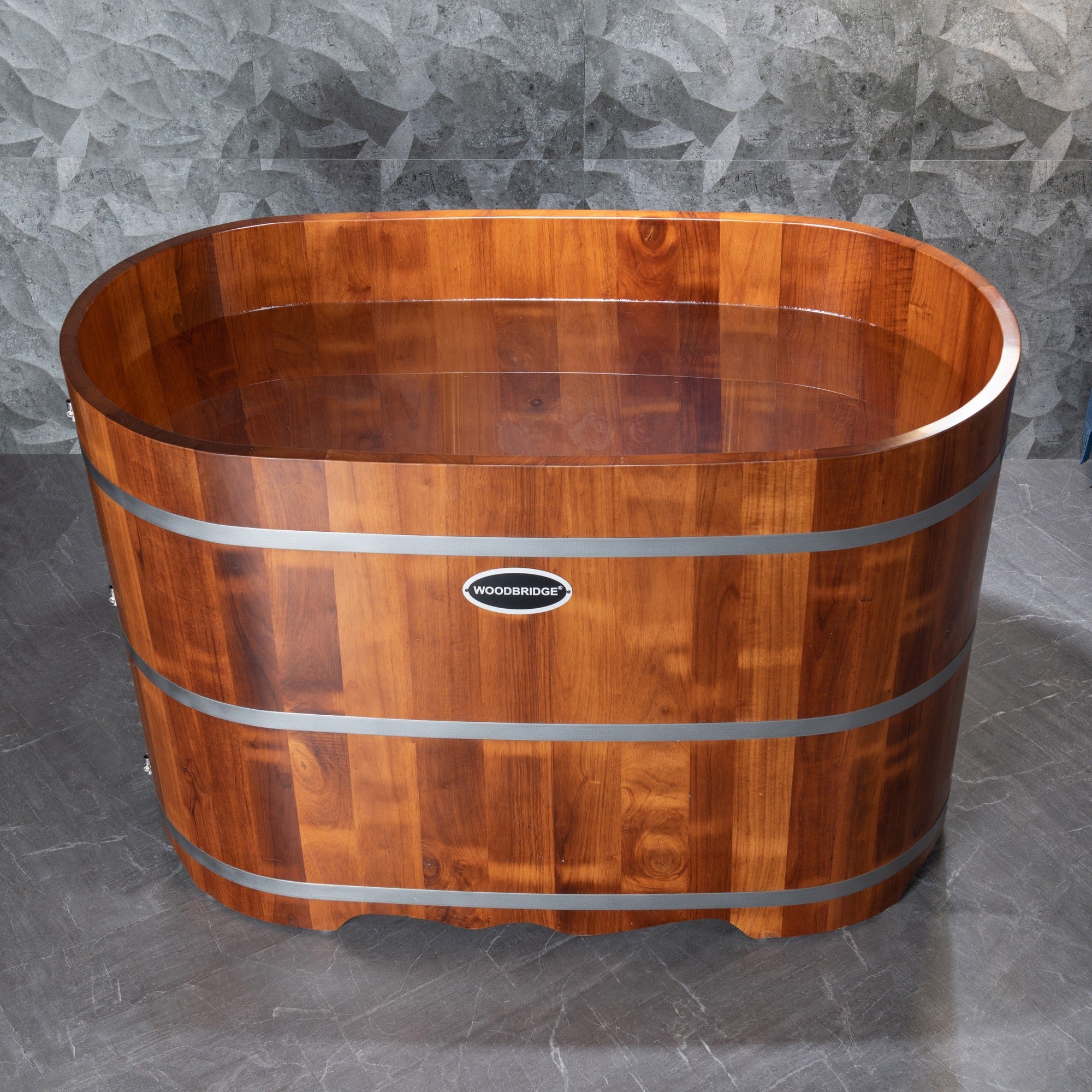 WOODBRIDGE 43" Freestanding Handcrafted Natural Wood Soaking Bathtub with wood stool, wood seat and Chrome Pop Up Drain, WB4301