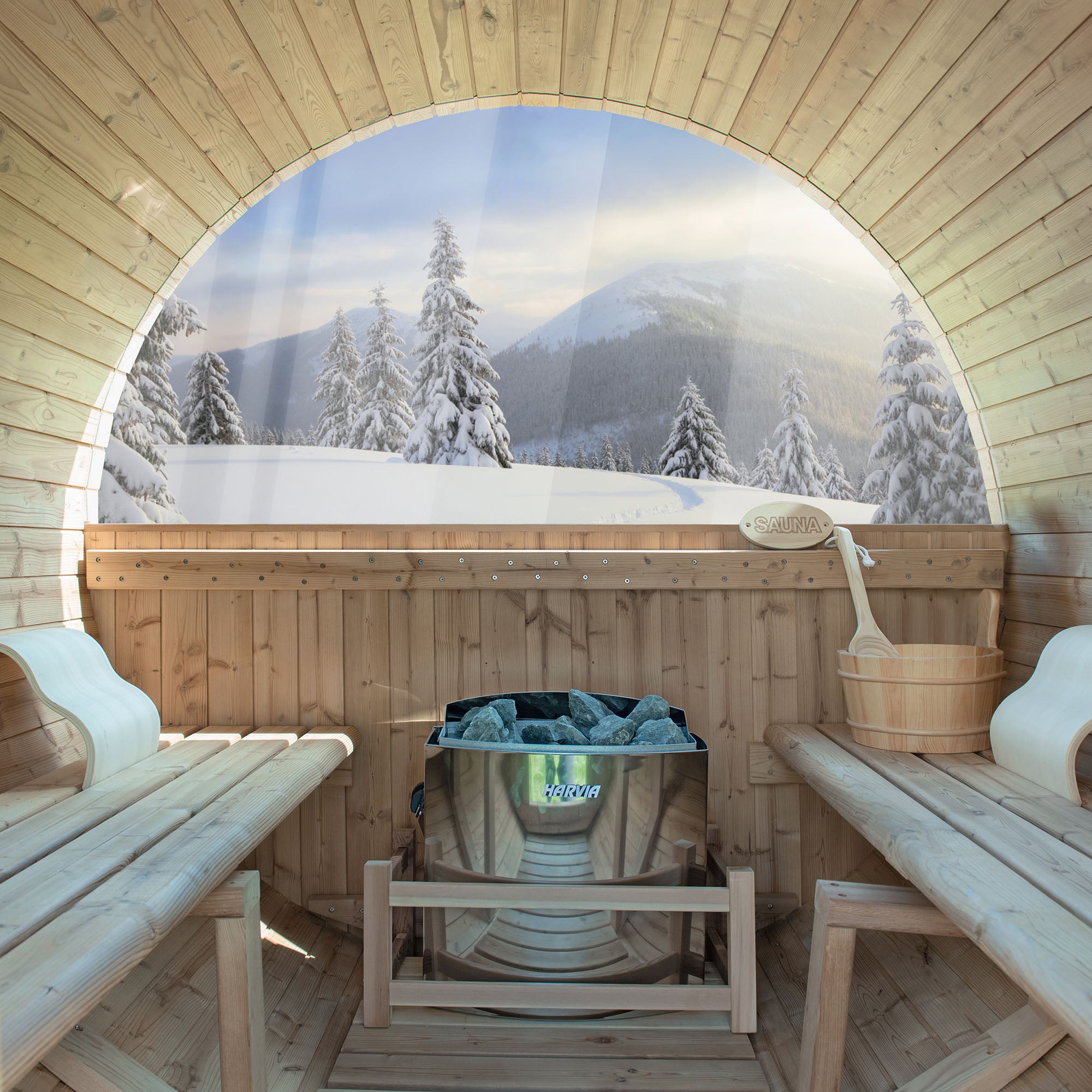 WOODBRIDGE 2-Person Luxury Canada Red Cedar Outdoor Barrel Sauna with half View Window, Harvia Electric Heater with Sauna Stone, Sauna accessories Kit and Asphalt Shingle Roof, 4'x6'