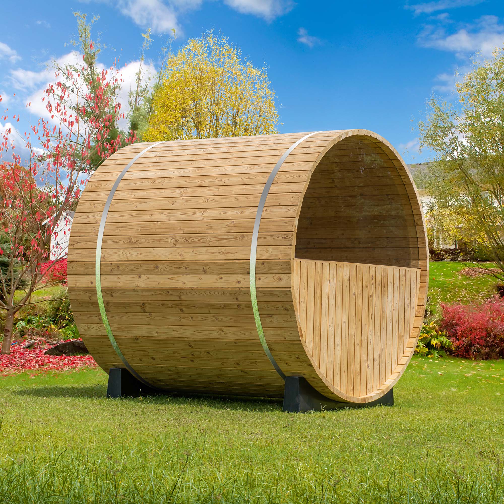 WOODBRIDGE 2-Person Luxury Canada Red Cedar Outdoor Barrel Sauna with half View Window, Harvia Electric Heater with Sauna Stone, Sauna accessories Kit and Asphalt Shingle Roof, 4'x6'