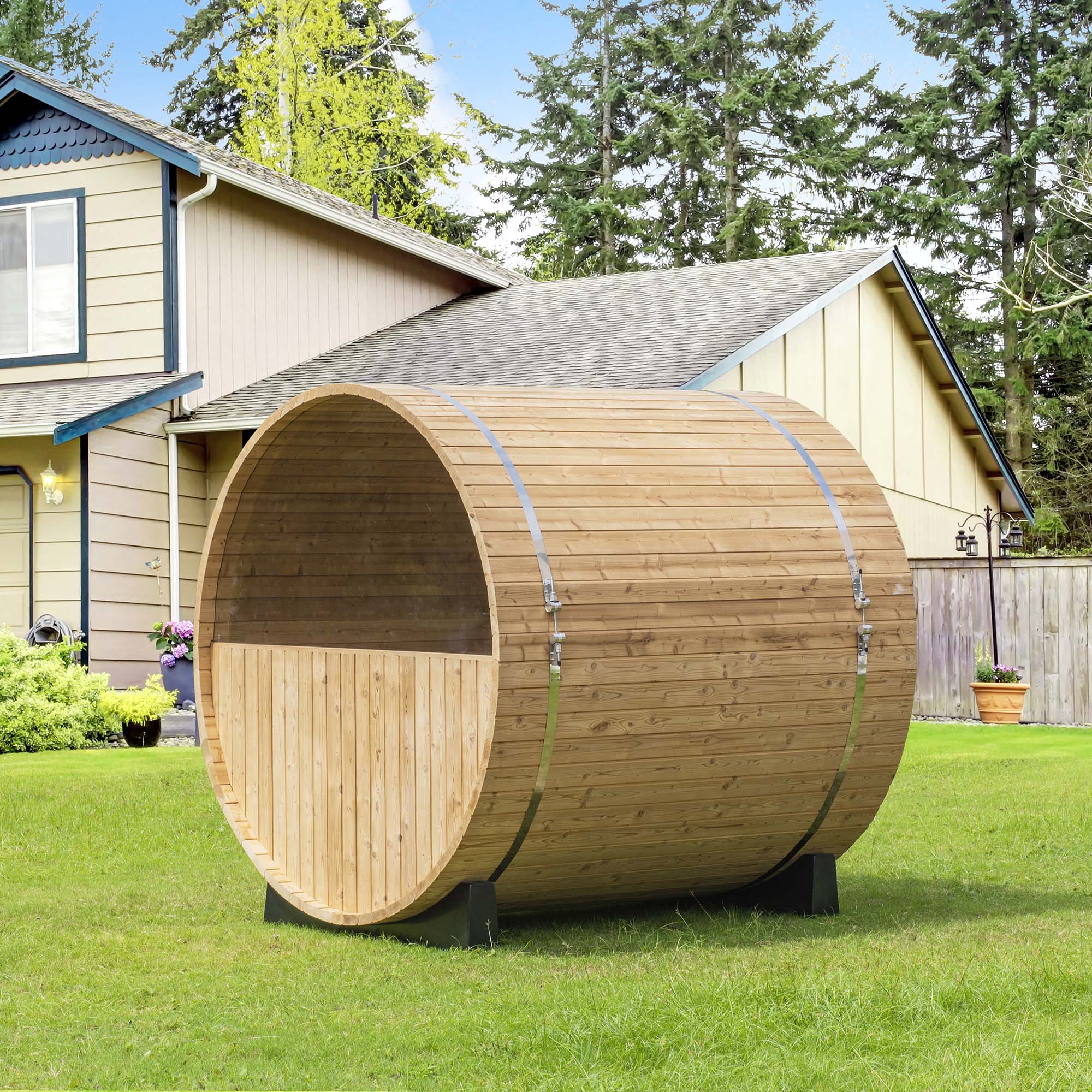 WOODBRIDGE 2-Person Luxury Canada Red Cedar Outdoor Barrel Sauna with half View Window, Harvia Electric Heater with Sauna Stone, Sauna accessories Kit and Asphalt Shingle Roof, 4'x6'