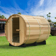 WOODBRIDGE 4-Person Luxury Canada Red Cedar Outdoor Barrel Sauna with half View Window,Harvia Electric Heater with Sauna Stone, Sauna accessories Kit and Asphalt Shingle Roof, 4'x6'
